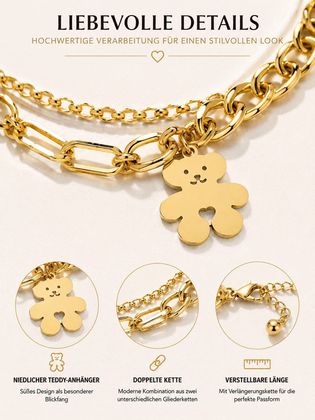 Brise Schmuck Armband Armband Damen Gold Teddy Anhänger doppelte Kette verstellbar (Einzelartikel, 1 Armband), Doppelte Edelstahlkette mit Teddy-Anhänger und verstellbarer Länge