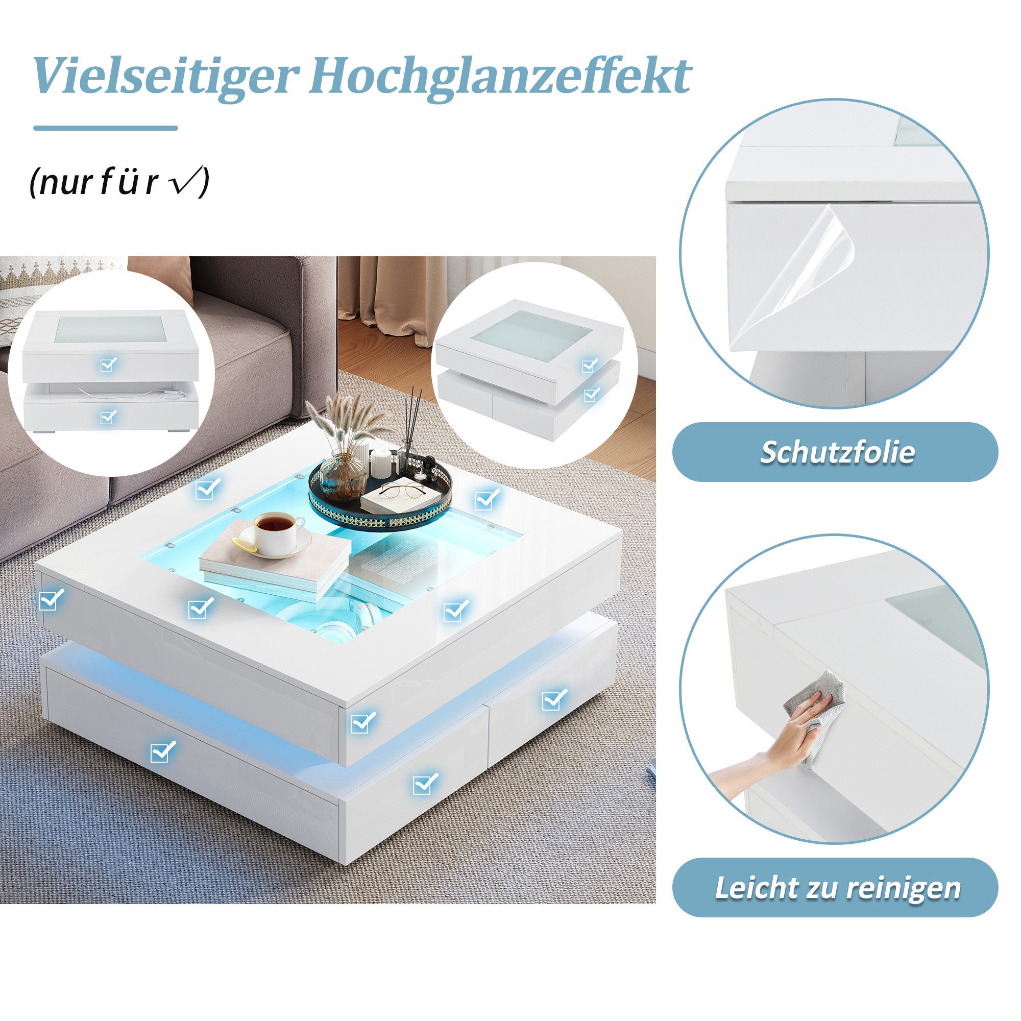 OKWISH Couchtisch Weißer LED-Couchtisch mit Glastischplatte und 3 Schubladen. (Couchtisch mit Glastischplatte, 3 Schubladen, 1-St., mit LED-Leuchten, 3 Schubladen, Sofatisch), Couchtisch mit Glastischplatte