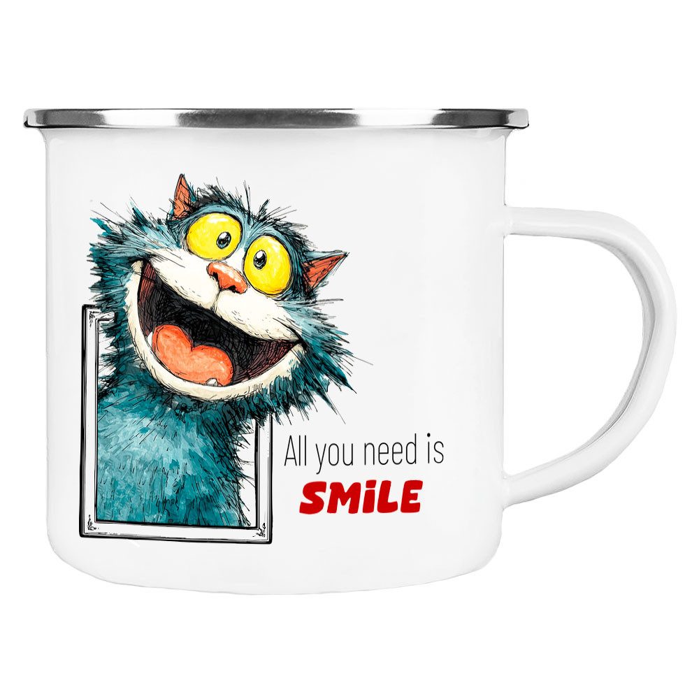 Cadouri Tasse SMILE Camping Emaille Tasse, Campingtasse, Metall, Campingbecher, Kaffeetasse für Camper, handgefertigt, Geschenk, 300 ml