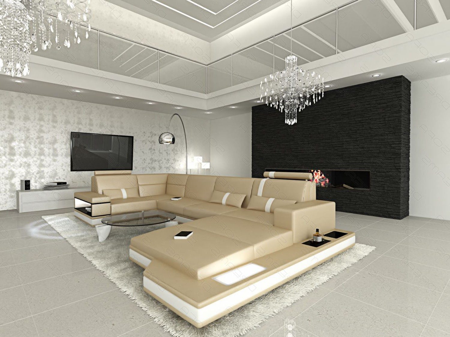 Sofa Dreams Wohnlandschaft Ledersofa Messana U Form Mini, Designersofa, Sofa mit Licht und LED