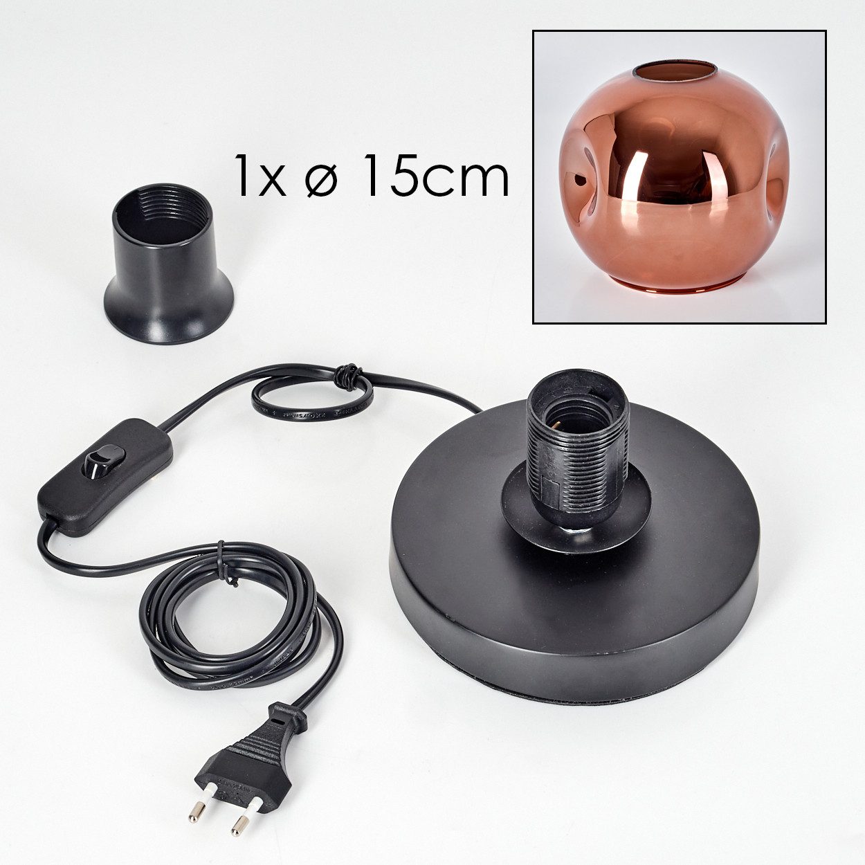 hofstein Tischleuchte Tischlampe aus Metall/Glas in Schwarz/Kupferfarben, ohne Leuchtmittel, mit Glasschrim(15cm), Schalter am Kabel, 1 x E27, ohne Leuchtmittel – Bild 5 von 5