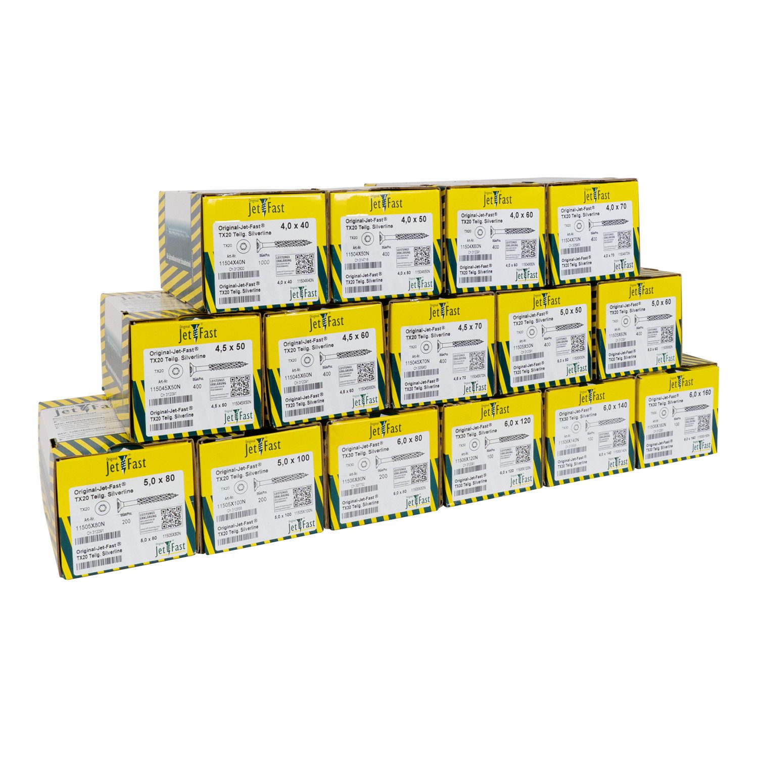Jet-Fast Винты-Set Spanplattenschrauben, Duo-Senkkopf, Selbstbohrspitze - Heimwerker Set, (Legierter Stahl), universeller Einsatz in Hartholz, Kunststoff, Aluminium etc.
