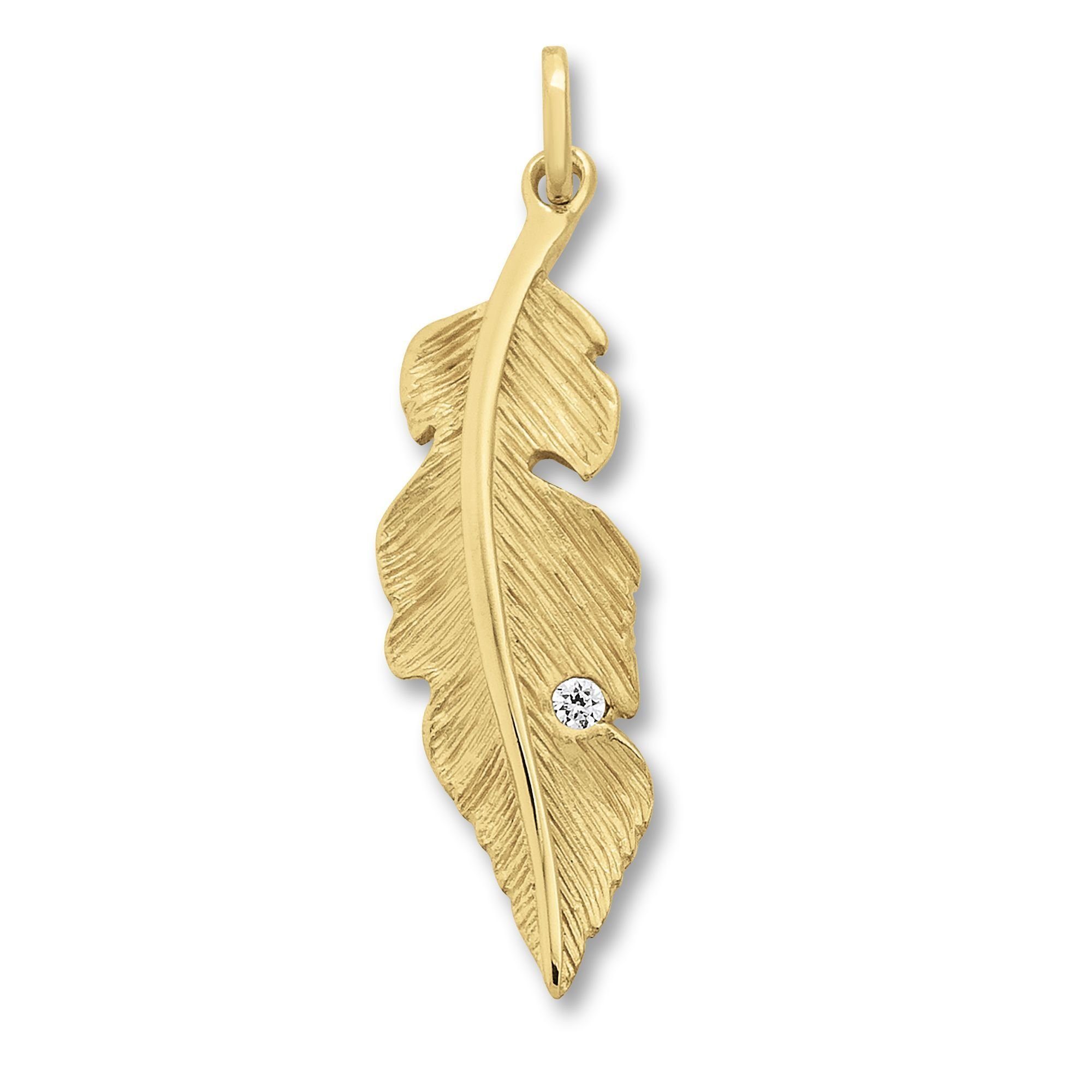 ONE ELEMENT Kettenanhänger Zirkonia Feder Anhänger aus 333 Gelbgold, Damen Gold Schmuck Feder | Kettenanhänger