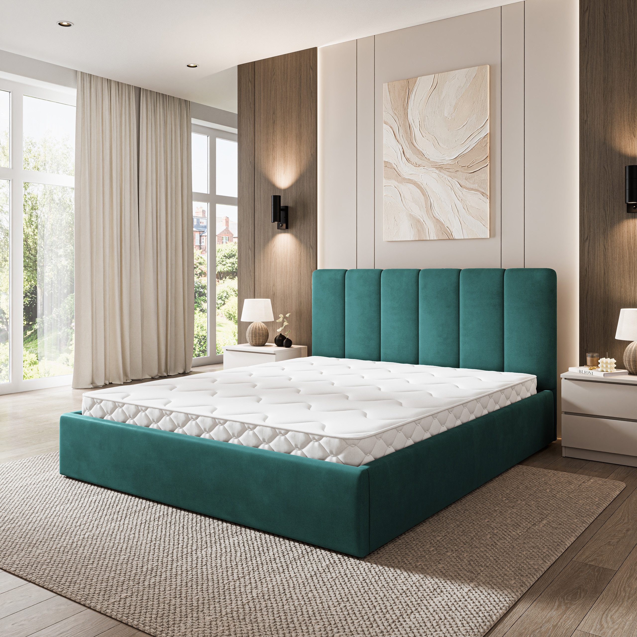 Masseno Polsterbett NEMIS 120x200 cm blau (mit Bettkasten und Lattenrost)