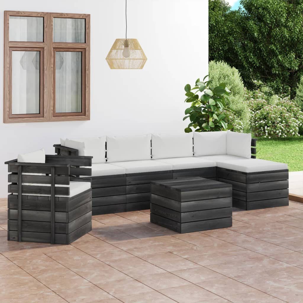 Kissen Garten-Sofagarnitur Paletten mit vidaXL 7-tlg. aus (7-tlg) Kiefernholz, Creme Gartenlounge-Set