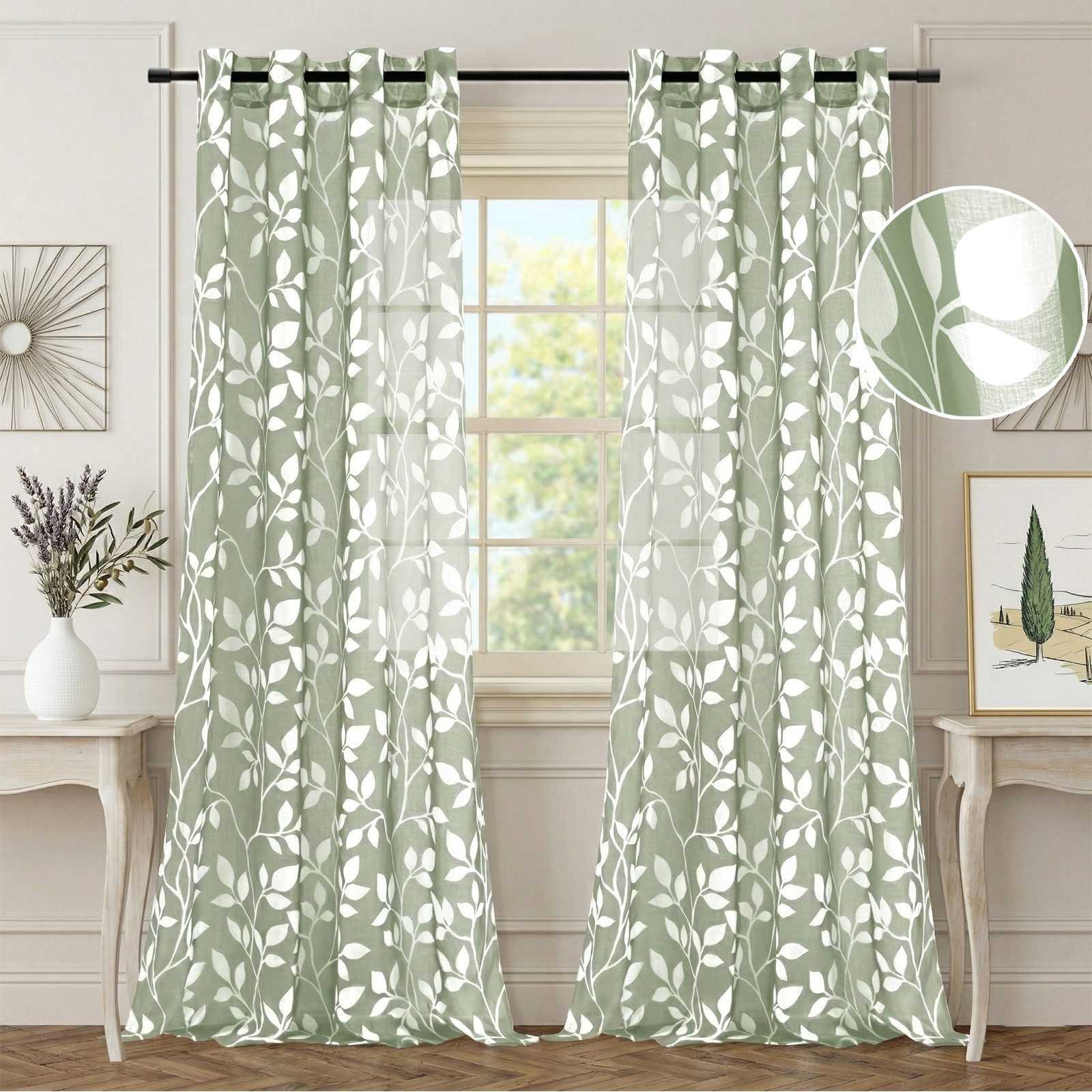 Lapalife Gardine Gardinen Voile mit Muster Blätterdrucken 2er Set, Vorhänge mit Ösen, Mit hochwertigen silbernen Ösen, für Zuhause Schlafzimmer