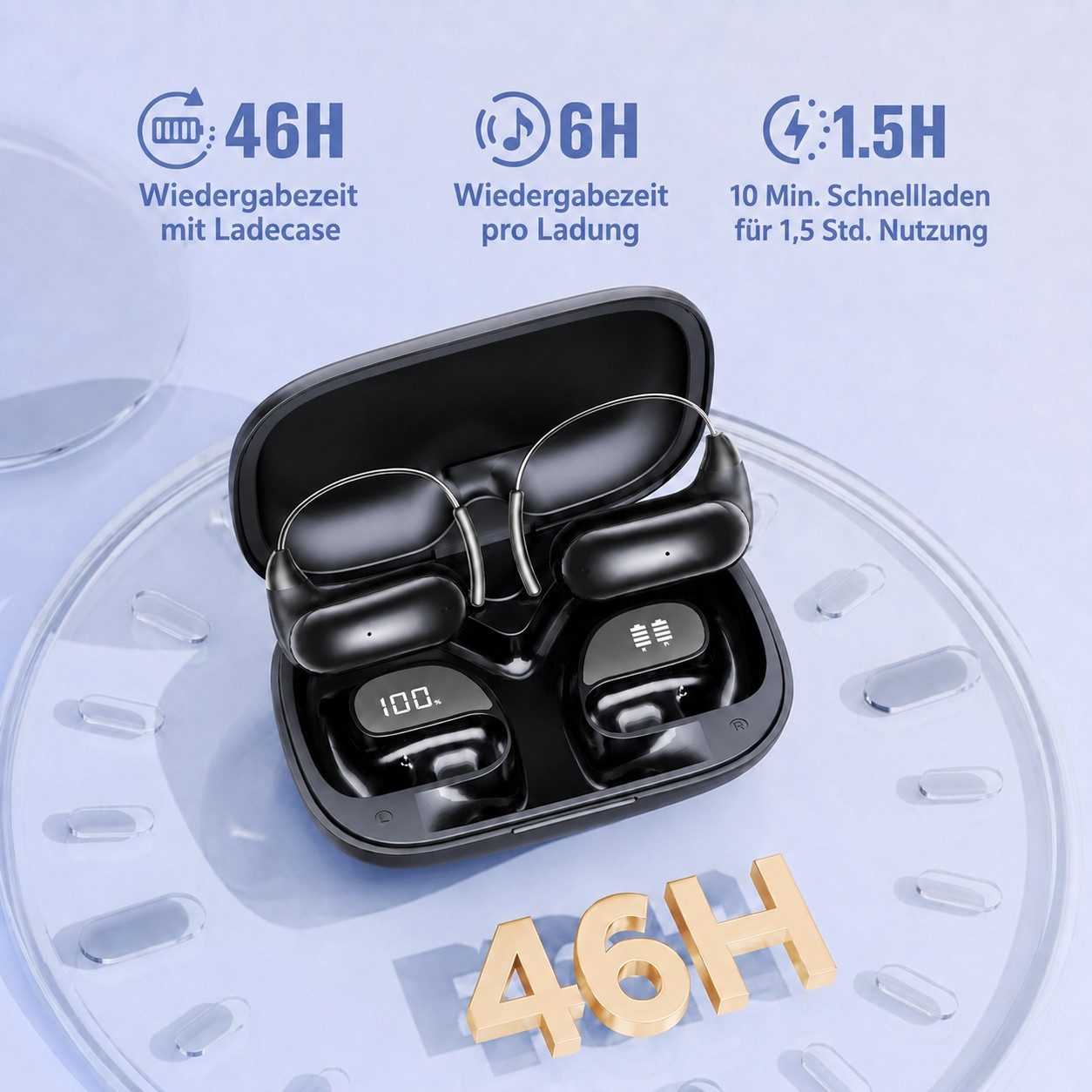 Futicare Bluetooth Kopfhörer Kabellos, Sportkopfhörer mit Ohrbügel, Open-Ear-Kopfhörer (Bluetooth 6.0, 46 Std., 2 Mikrofone, IPX5, Memory-Draht-Ohrbügel für Brillenträger)