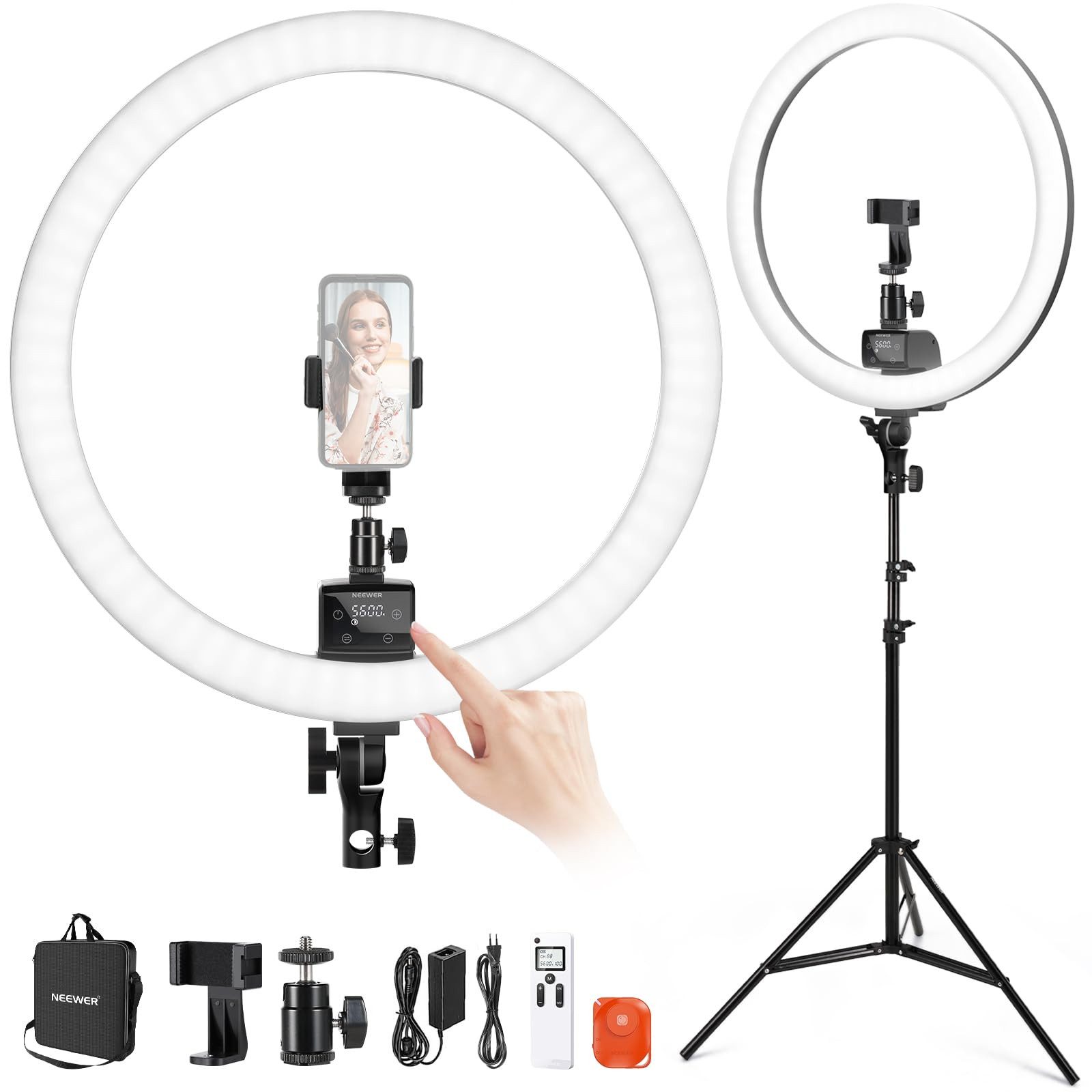 Neewer Ringlicht 18" Ringlicht mit Ständer und Telefonhalter, 2,4G & Touch Control, SRP18-2,4G 42W 3200-5600K für Tattoo Wimpern Friseur Fotografie