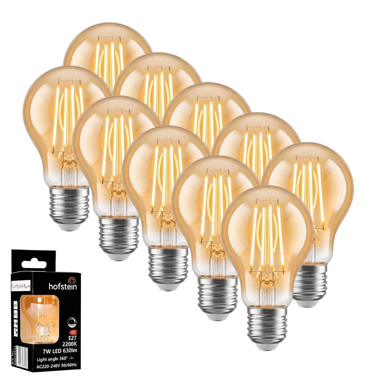 hofstein LED-Leuchtmittel 10er Set Glühbirne Extra Warmweiß dimmbar 7 Watt, E27, 2200 Kelvin, 630 Lumen, Klassisch, Filament, Amber
