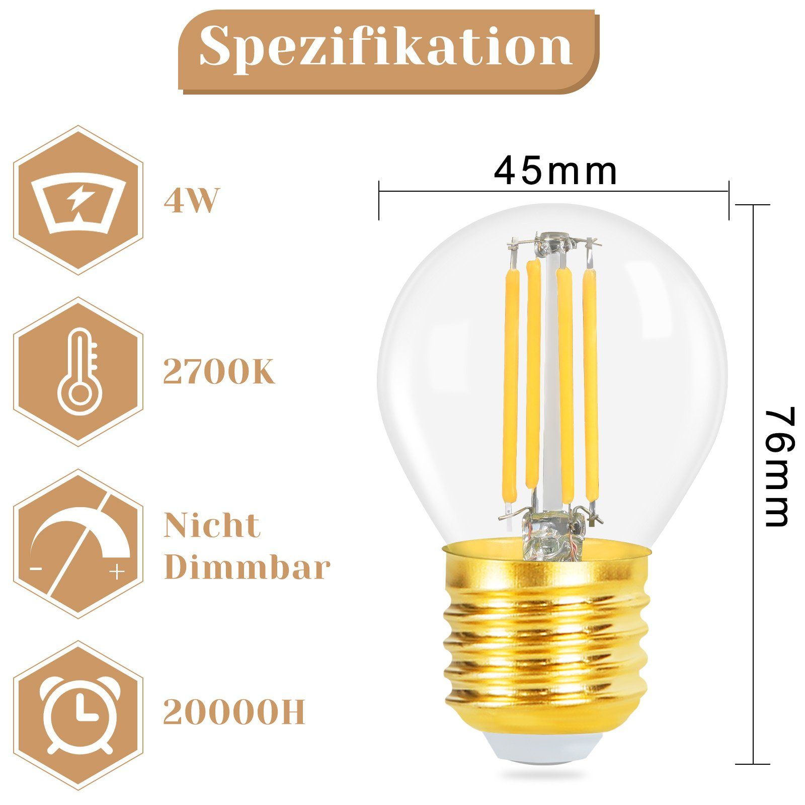 ZMH LED-Leuchtmittel E14 Warmweiß Licht 2700K 4W G45 Glühbirnen Vintage Birnen für Lampen, 6 St., warmweiß, nicht dimmbar – Bild 2 von 5