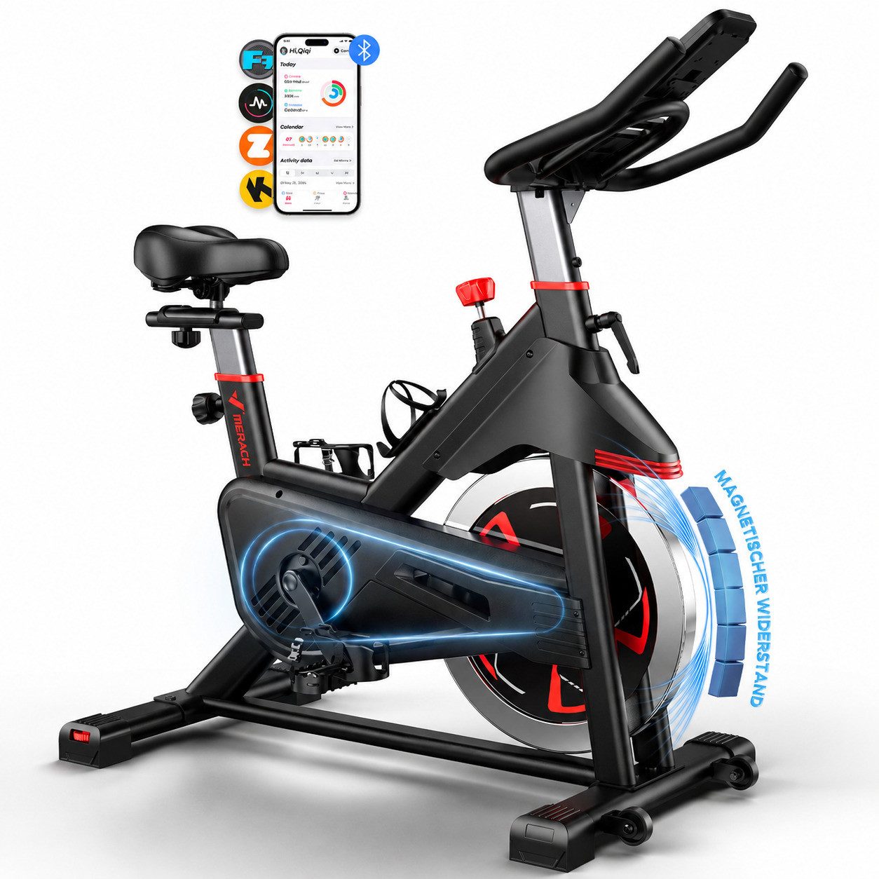 MERACH Heimtrainer Magnetwiderstand heimtrainer fahrrad, stationäres fahrrad für zu hause (Smart hometrainer mit LCD Display, Bluetooth, 1-tlg., Zwift & Kinomap App, Tablet-Halterung), 100 stufenloser Magnetwiderstand, extrem leise, bis 136 KG
