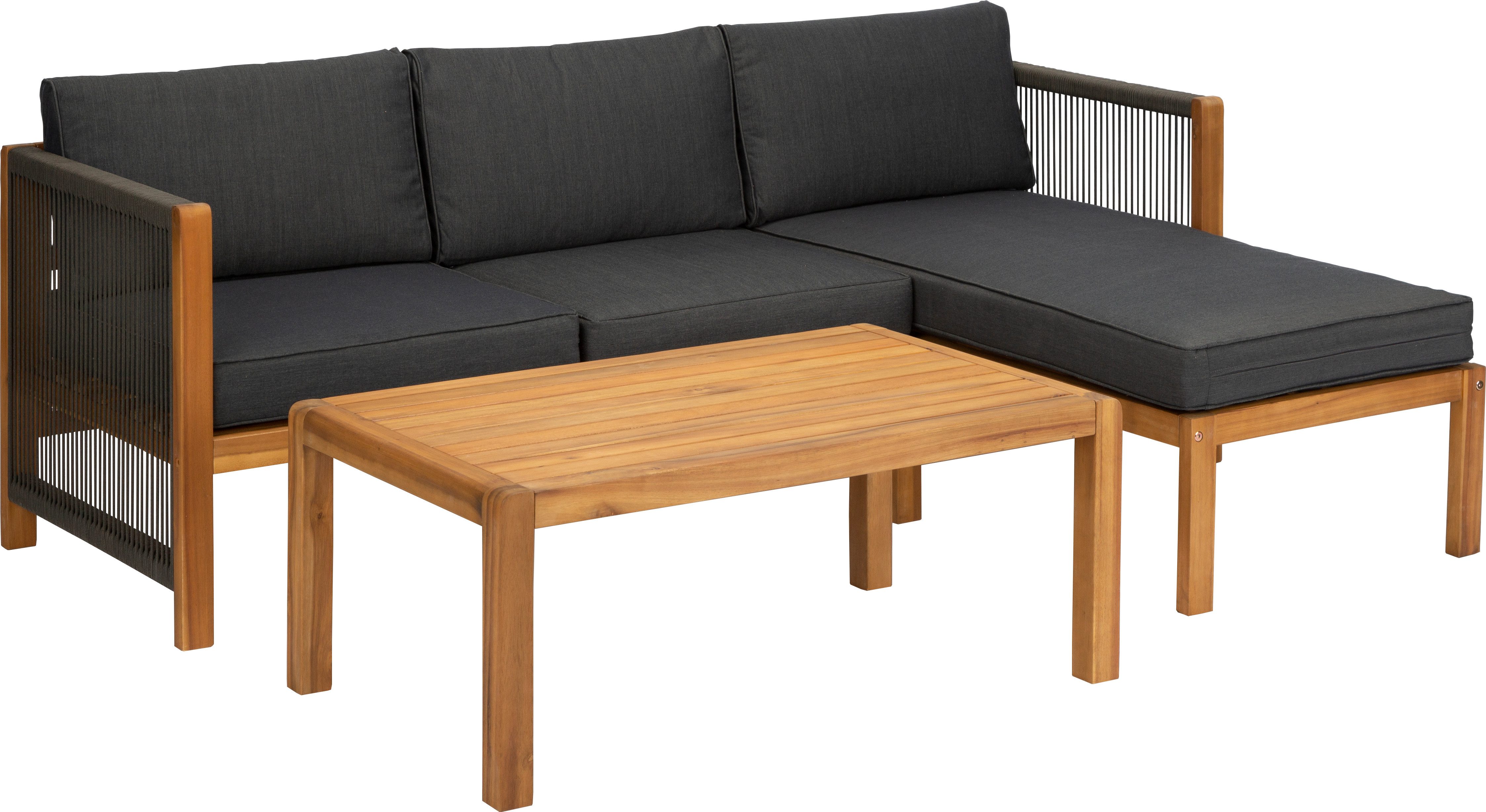acamp Gartenlounge-Set Akazienholz Loungegruppe 3-teilig, Ottomane, FSC, Couchtisch, (Spar-Set, 3-tlg., 3-teilig: Sofa, Ottomane & Couchtisch), witterungsbeständig, wetterfest, FSC Akazienholz, Ottomane, Outdoor