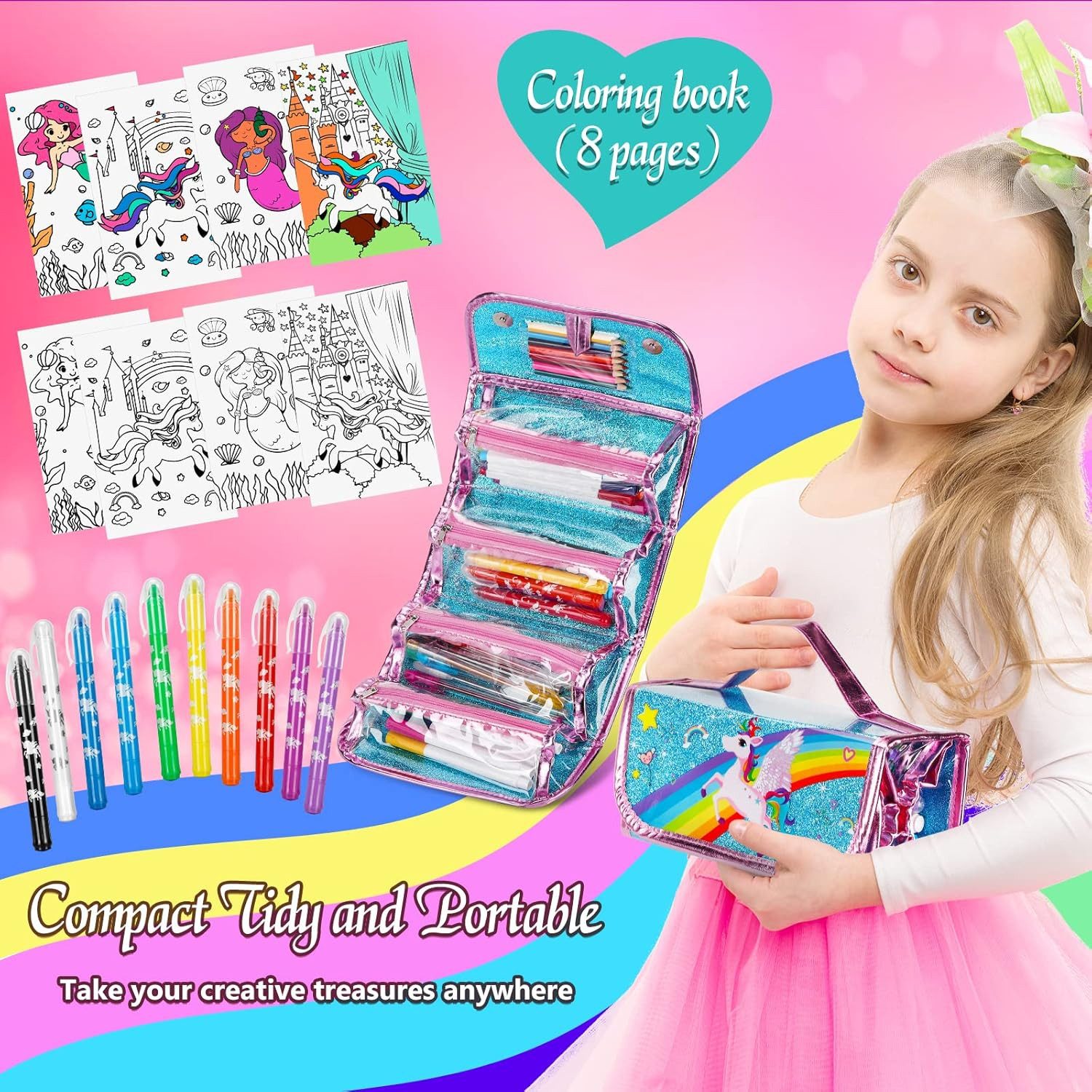 Auney Buntstift Malset Kinder Einhorn Malkoffer Federmäppchen 60 Teile Set, (Malset Kinder Einhorn mit Stiften Malbuch und Zubehör 60 Teile, 60-tlg., Kinder Malset Einhorn Zeichenset mit Stiften und Zubehör Set), Malset mit Einhorn Design 60 Teile mit Tasche und Zubehör Set