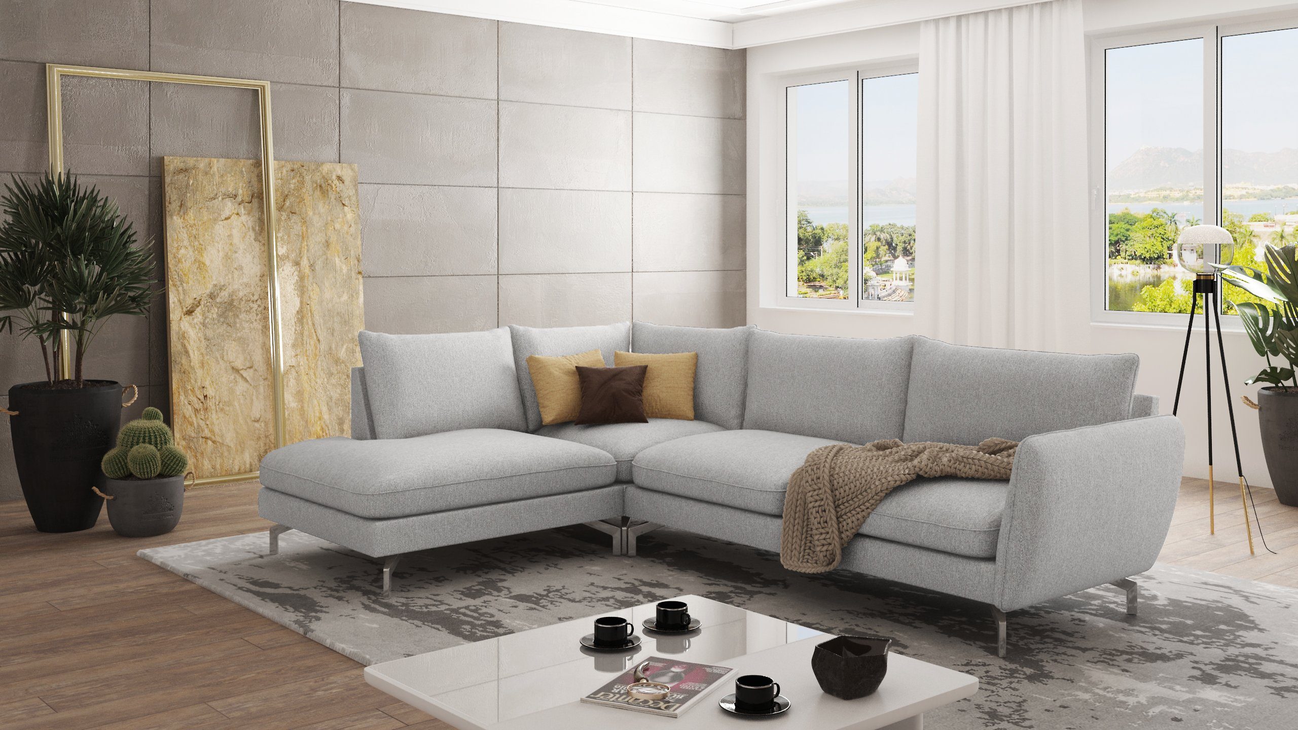 S-Style Möbel Ecksofa Modernes Benita mit Silber Metall Füßen, mane links oder rechts bestellbar, mit Wellenfederung