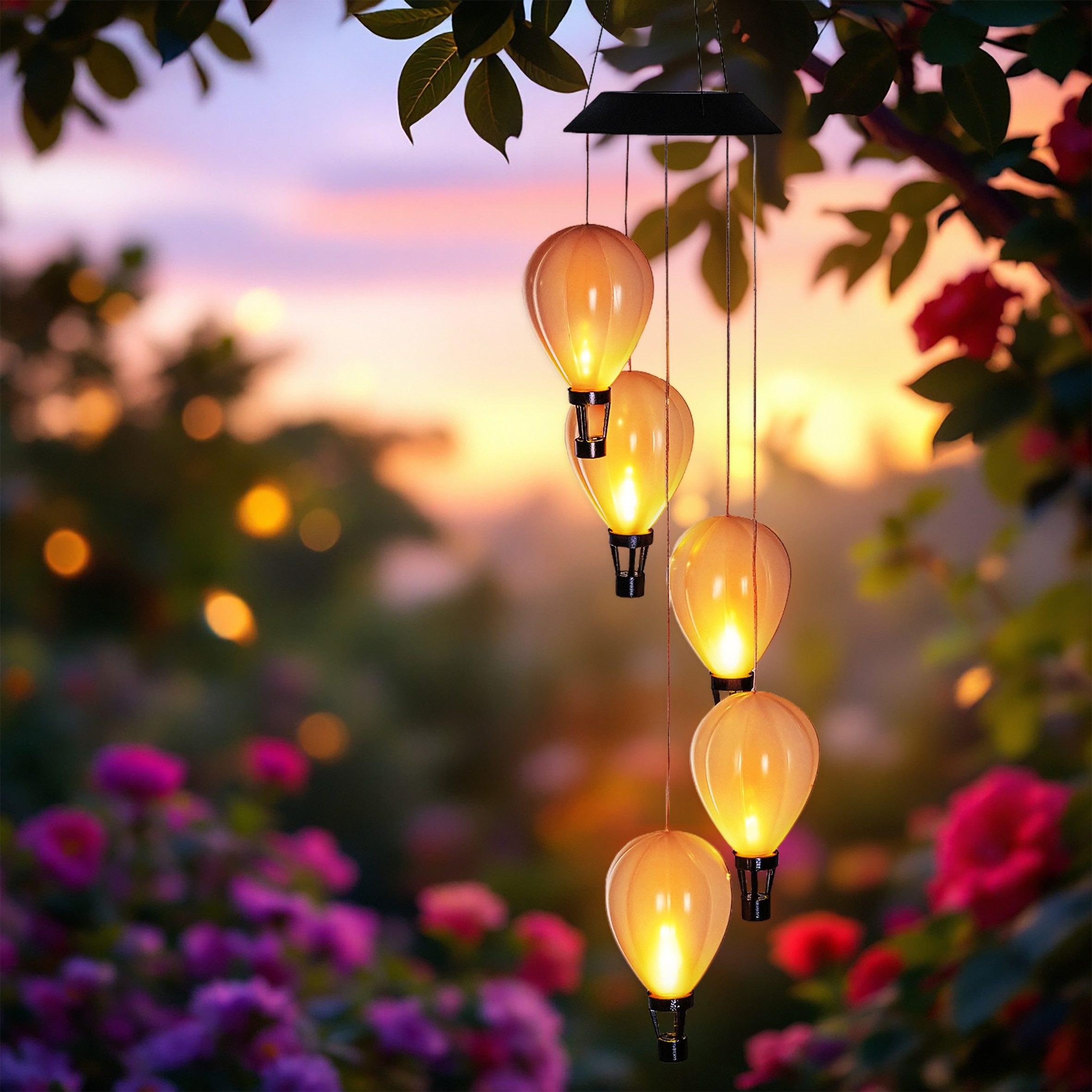 LED Dekolicht Solar LED Windspiel mit 5 beleuchteten Heißluftballons - 82 cm