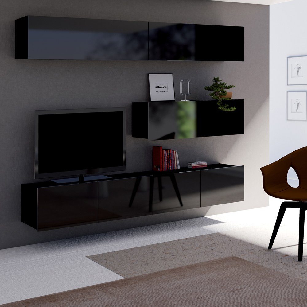 Lomadox Wohnwand CAIRNS-132, (5-St), in schwarz Hochglanz, Modern, grifflos