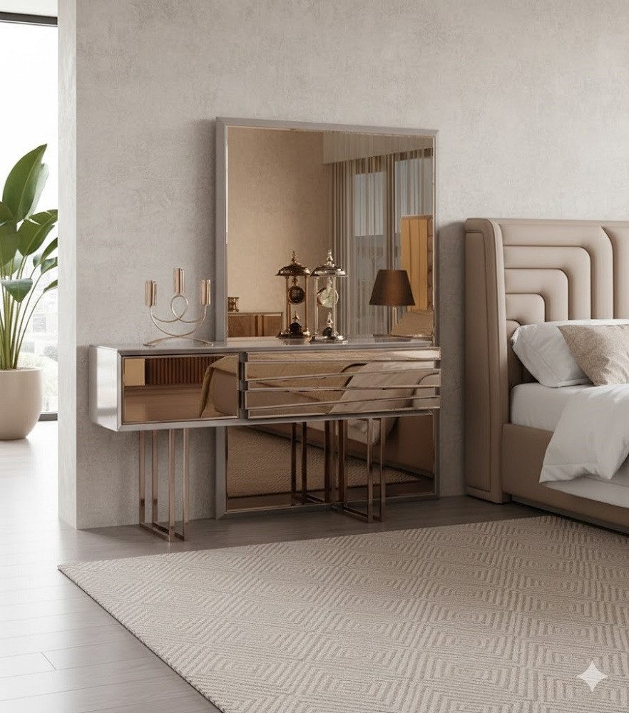 JVmoebel Schminktisch Eleganter Schminktisch Beige Goldener Konsolentisch aus Holz SOFORT (Schminktisch), Made in Europa