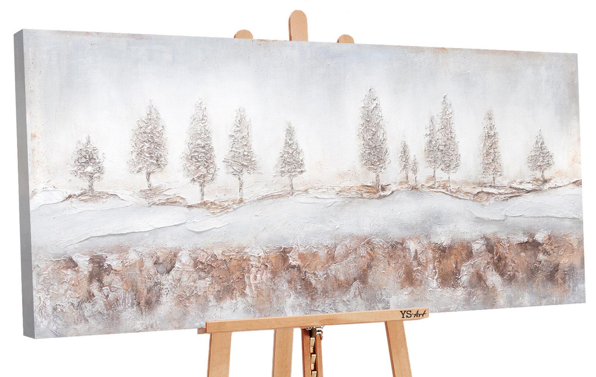 YS-Art Живопис Nebelig, Landschaftsbilder, Wald Leinwand Bild Handgemalt Weiße Tannen