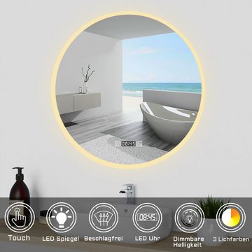 duschspa Badspiegel Wandspiegel Rund Kalt/Neutral/Warmweiß dimmbar Memory, Touch/Wandschalter + Uhr