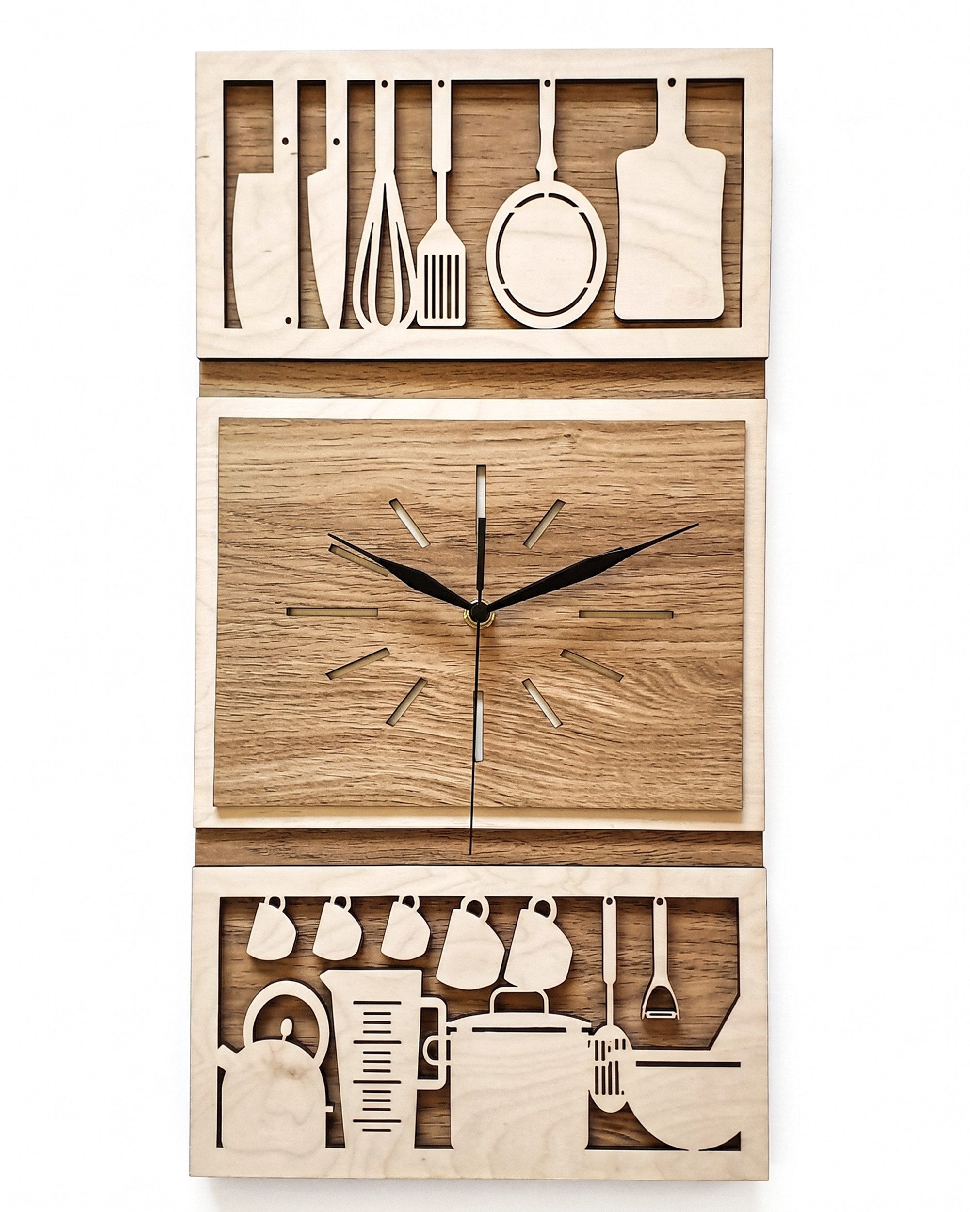 ORNAMENTI Wanduhr Große Küchenuhr, handgefertigte,moderne aus Holz, Hingucker Wanddeko (lautlos, ohne Tickgeräusche für Wohnzimmer, ohne Ziffern)