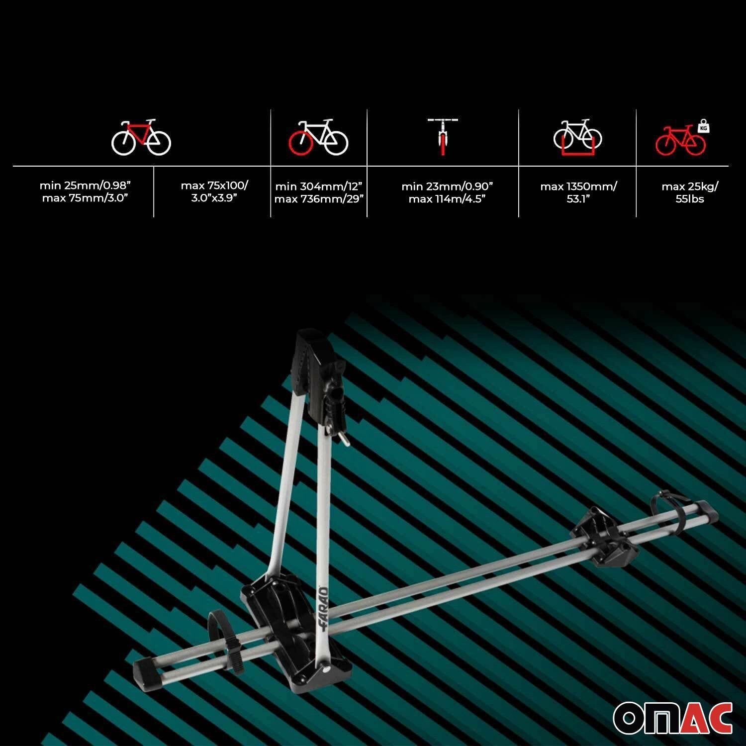 OMAC Dachfahrradträger Farad Fahrradträger bis 25 kg M-Style Dachfahrradträger EBike FatBike, (1-tlg), Rostbeständig, Abnehmbar, Leichtgewichtig