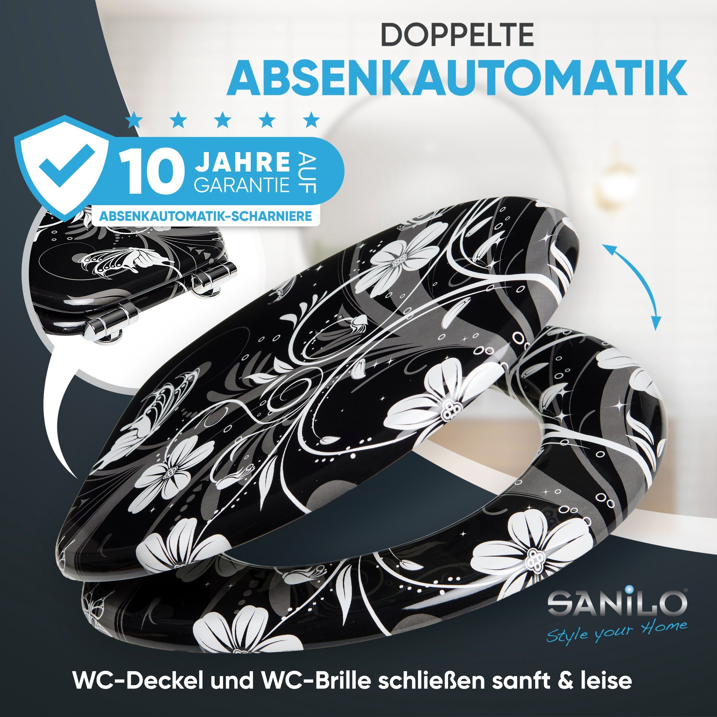 Sanilo WC-Sitz White Flower mit Absenkautomatik, Toilettendeckel vom Hersteller, hochwertig & moderner Klodeckel mit Motiv, universell, leichte Montage