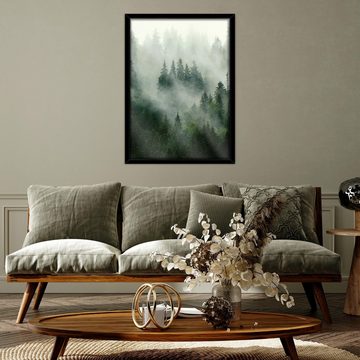 Wallarena Poster mit Rahmen Bilder Wald Wohnzimmer Schlafzimmer Kunstdruck Wandbild, Wald im Nebel Poster Bild (1 St), Groß Wandbilder Größen zur Auswahl: 30x40 cm / 50x70 cm / 70x100 cm