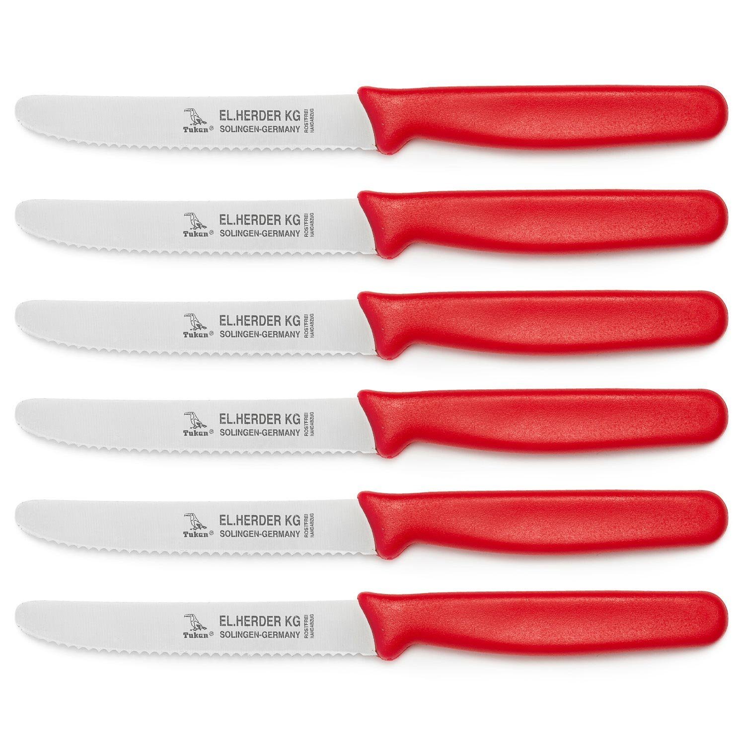 Landshop24 Brötchenmesser Brotmesser Tomatenmesser Tafelmesser 6er Set rot, Edelstahl (Spezialstahl 1.4116) konisch geschliffen