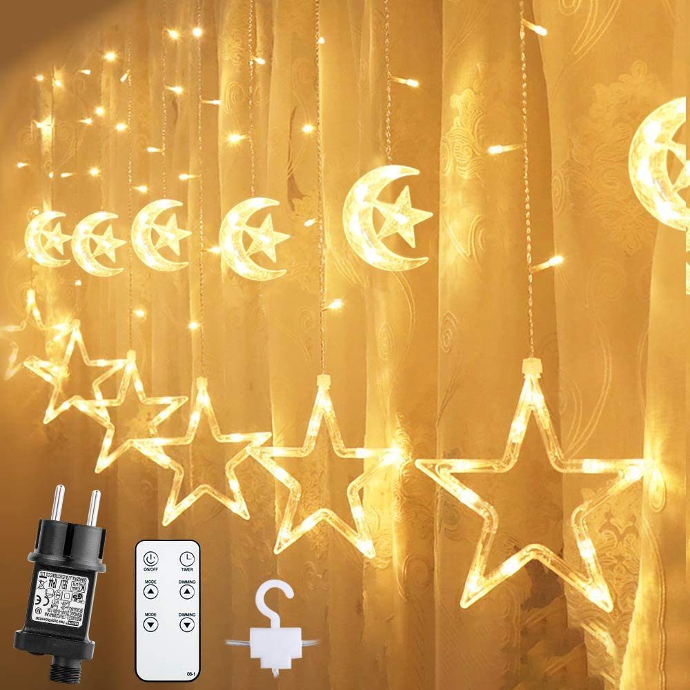 Elegear LED-Lichterkette 2/2,2M Lichtervorhang, 12 Sterne Weihnachtsdeko  mit 12 Haken, 138-flammig, Timer/Memory-Funktion, Erweiterbar, 8 Modi