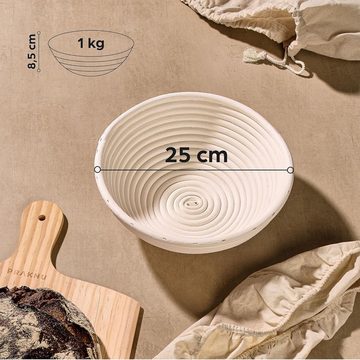 Praknu Gärkorb Für Brot Rund 25 cm 1kg - Gärkörbchen für Brotteig zum Brotbacken, Aus nachhaltigem Rattan - Geruchsneutral - Mit Backutensilien