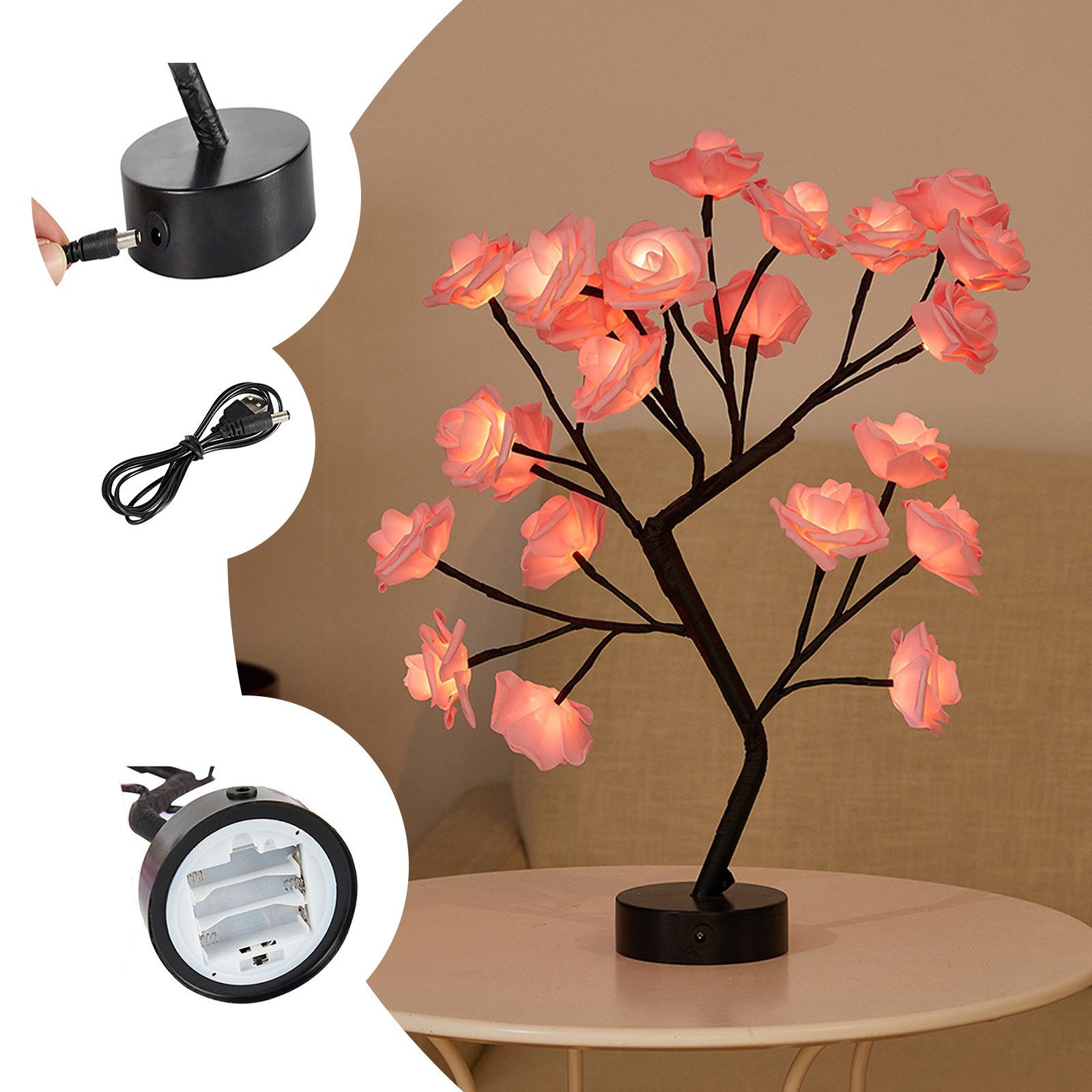 MUPOO LED Baum Rosenblütenbaum Licht für Tischplatte, LED-Tisch-Bonsai-Baum Lichtdekor, Rosa Rose, schwarze Basis, LED fest integriert, für Valentinstag,Zuhause,Hochzeit