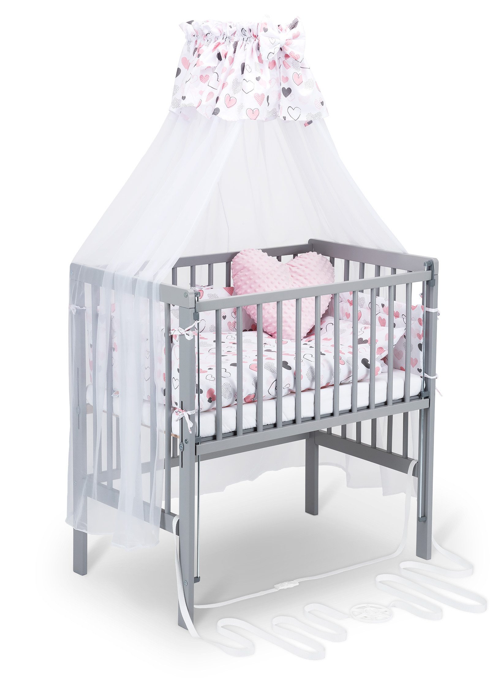 FabiMax Beistellbett Flex grau mit Komplettset Komplettset mit gratis Herz Kissen umbaubar zum Stubenbettchen