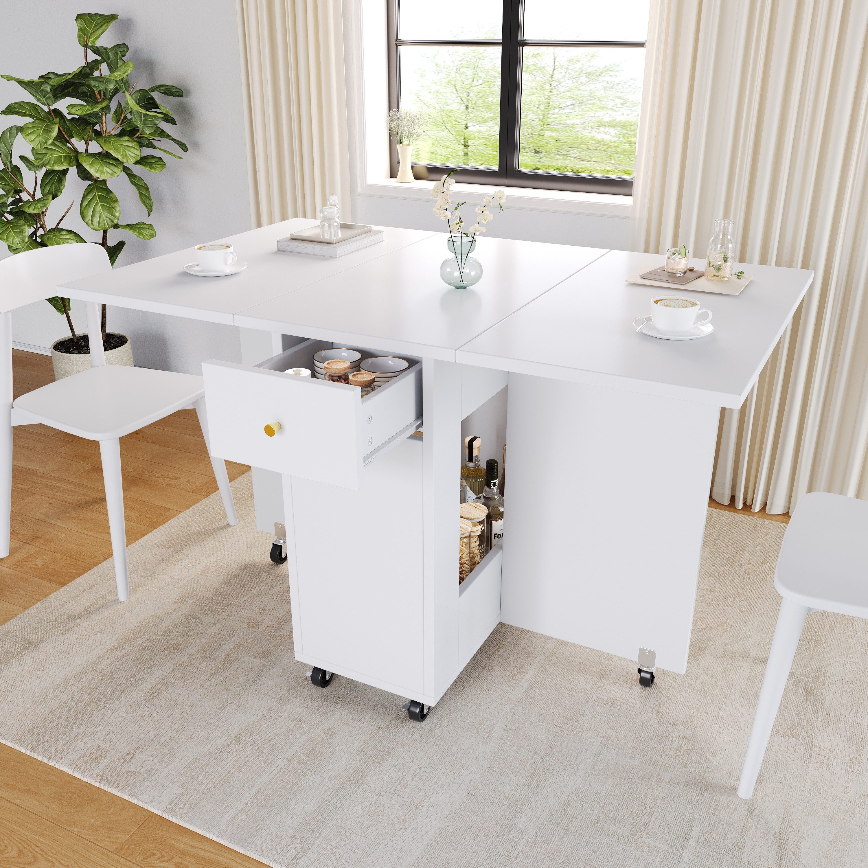 OKWISH Esstisch 120x75x75 cm mit klappbaren Platten & Schubladen – Weiß (Packung, 1-St., Mobile Küchenfläche in Weiß, ideal für Wohn- & Esszimmer), 2 Schubladen & offener Stauraum, Rollen mit Bremse