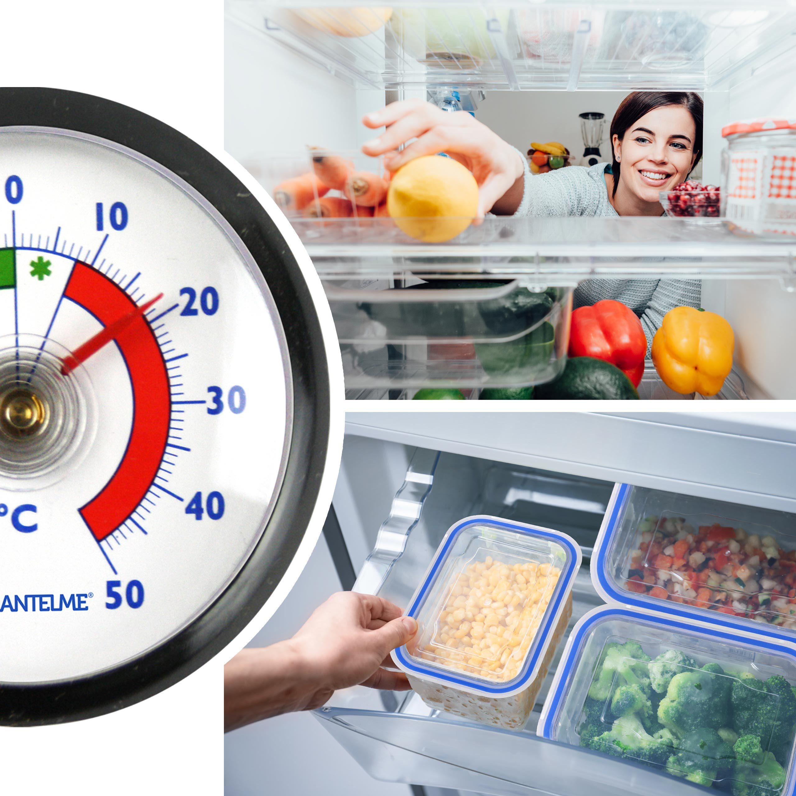 Lantelme Kühlschrankthermometer 5 Stück Set Selbstklebend Gefrierschrank Kühltheken Thermometer, 5-tlg., mit Klebepads im Set, Deutsche Herstellung, Farbliche Skala, Temperauranzeige + - 50°C