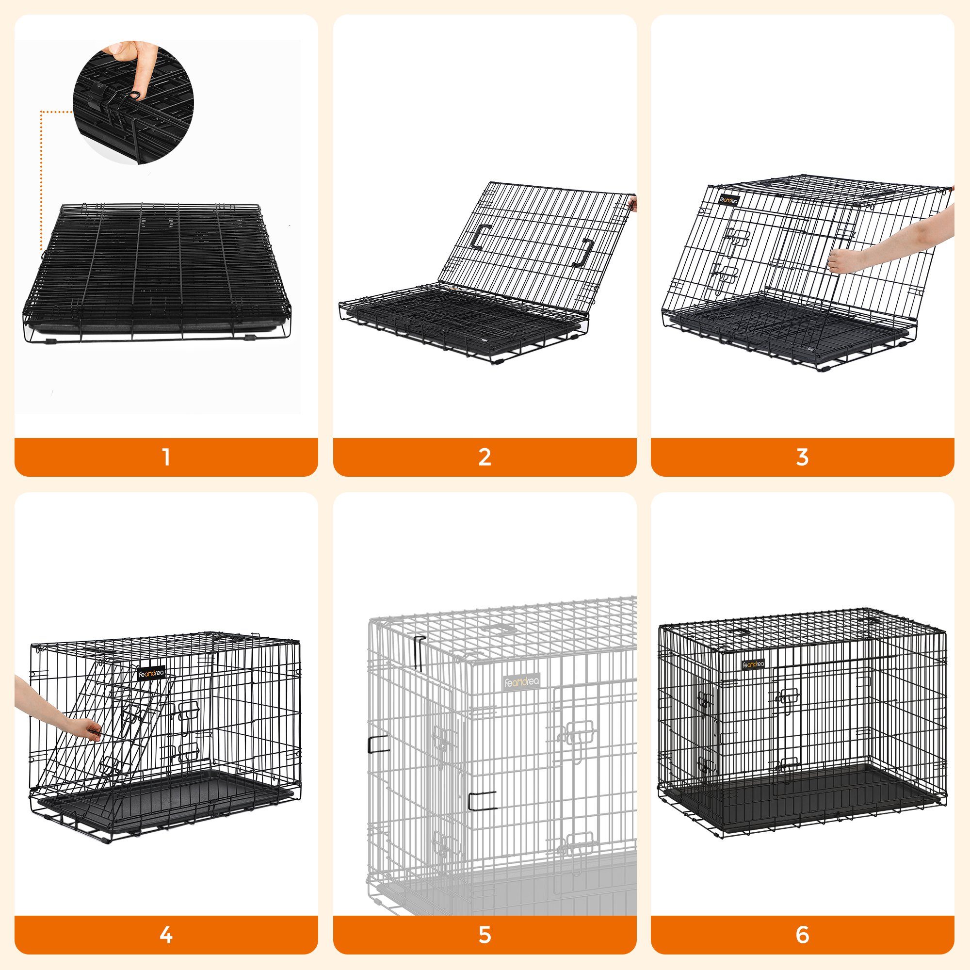 FEANDREA Tiertransportbox Hundekäfig, klappbar, mit 2 Türen, ausziehbare Schale, L/XL/XXL/XXXL