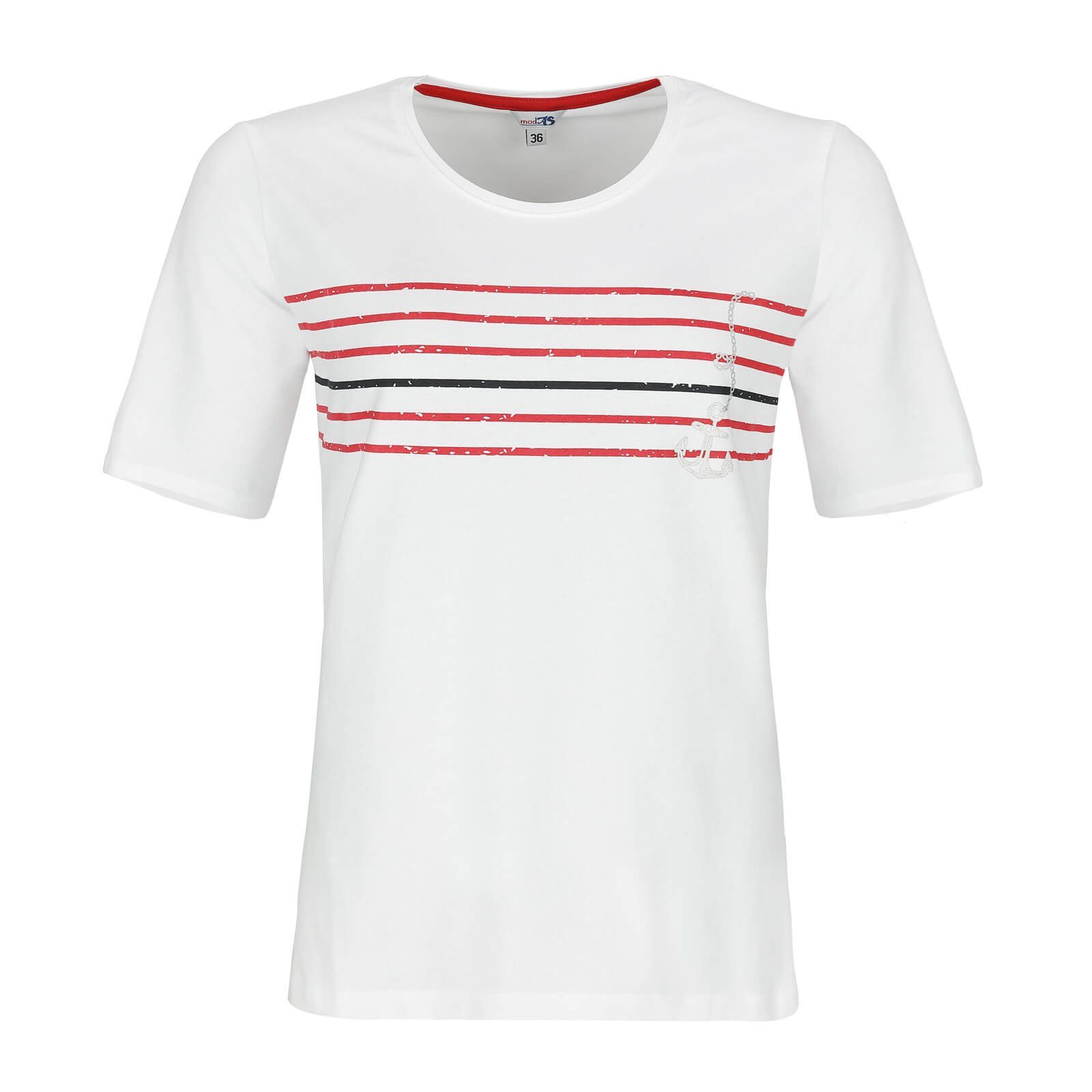 modAS T-Shirt 46113 Damen Kurzarmshirt mit Anker-Streifen-Print - Maritimes Rundhalsshirt