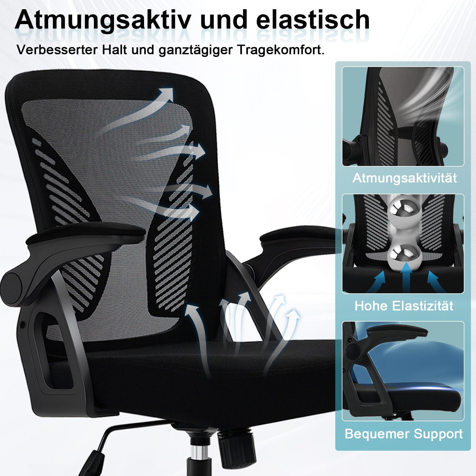 Milacyee Bürostuhl Ergonomischer Bürostuhl mit 90° klappbaren, gepolsterten Armlehnen (Höhenverstellbarer Atmungsaktiv Chefsessel mit geräuscharmen Rollen,Drehstuhl mit dynamische Rückenstütze), Platzsparend, Atmungsaktives Mesh, 150 kg Belastbarkeit