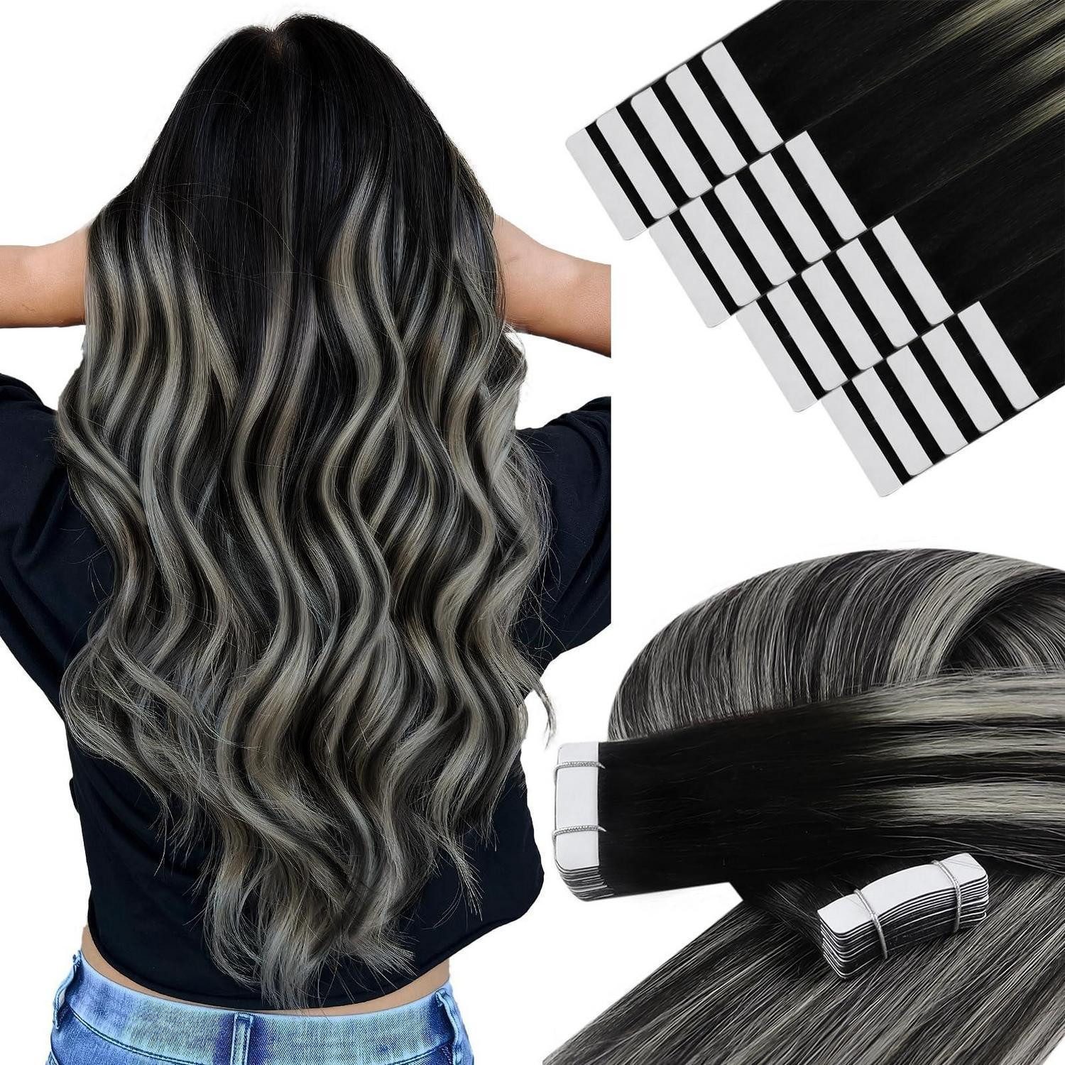 LuxusKollektion Echthaar-Extension Tape Extensions Echthaar Ombre Schwarz Silber 55 cm 3-#1B Silver 1B