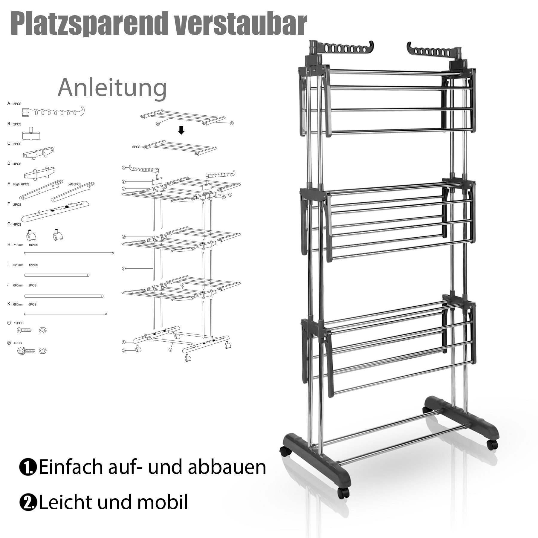 BigDean Wäscheständer Wäscheständer Turm mit 3 Ebenen und 4 Rollen in Grau, Edelstahl, Dicke Leinen, 2 Extra Aufhänger für Kleiderbügel – Bild 5 von 5