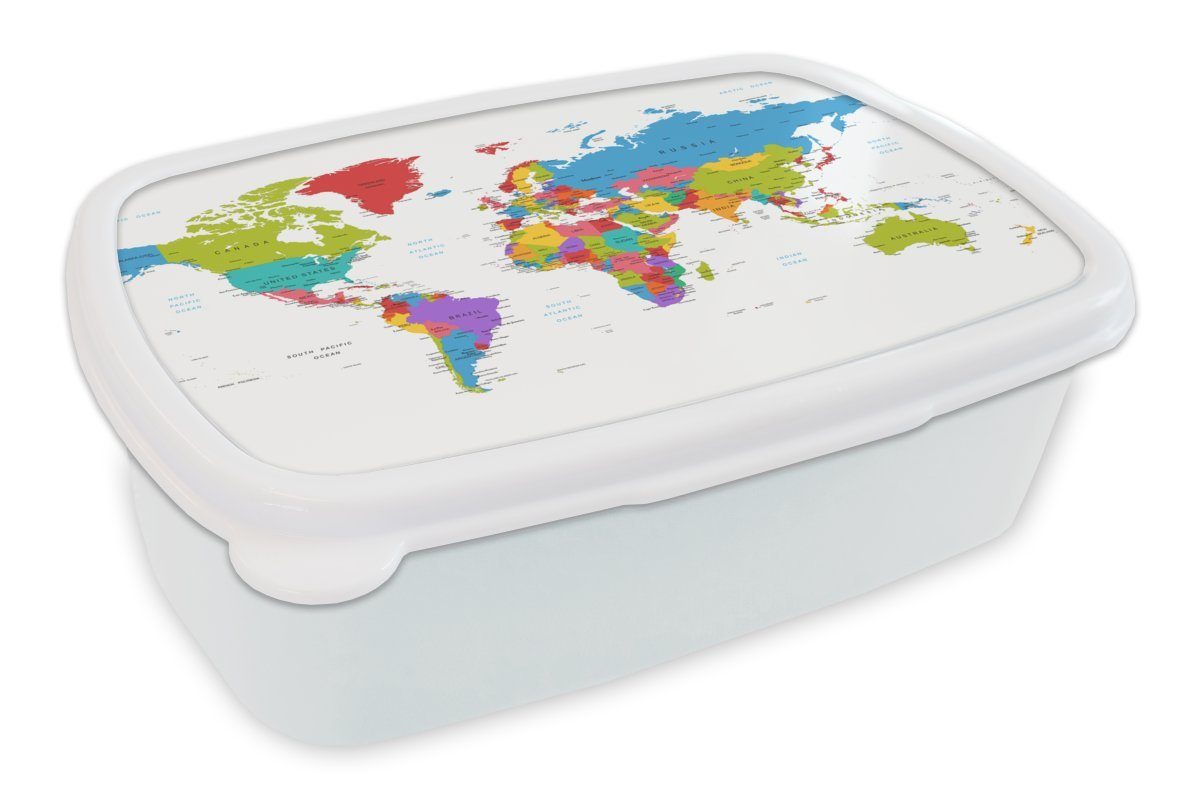 MuchoWow Lunchbox Weltkarte - Einfach - Topographie, Kunststoff, (2-tlg), Brotbox für Kinder und Erwachsene, Brotdose, für Jungs und Mädchen weiß
