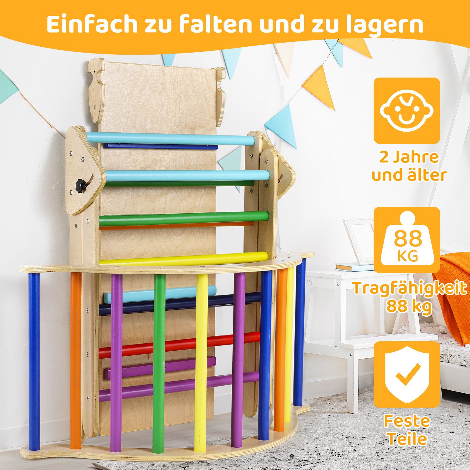 TLGREEN Klettergerüst Indoor Klappbar, 2 in 1 Kletterdreieck mit Rutsche, (3-St), Regenbogen Kletterdreieck mit Rutsche