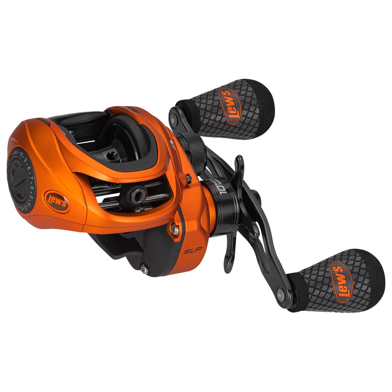 Lews Stationärrolle Lew's Mach Crush Baitcastrolle Orange Barsch Bass Aluminium Kurbel 9kg, Packung)