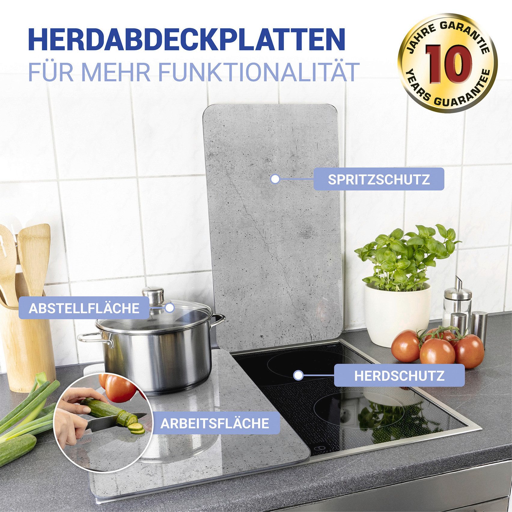 WENKO Herd-Abdeckplatte Universal Modell Beton, Glas, (Set, 2 tlg), Herdabdeckung für alle Herdarten, kratzfest, mit rutschfesten Füßen