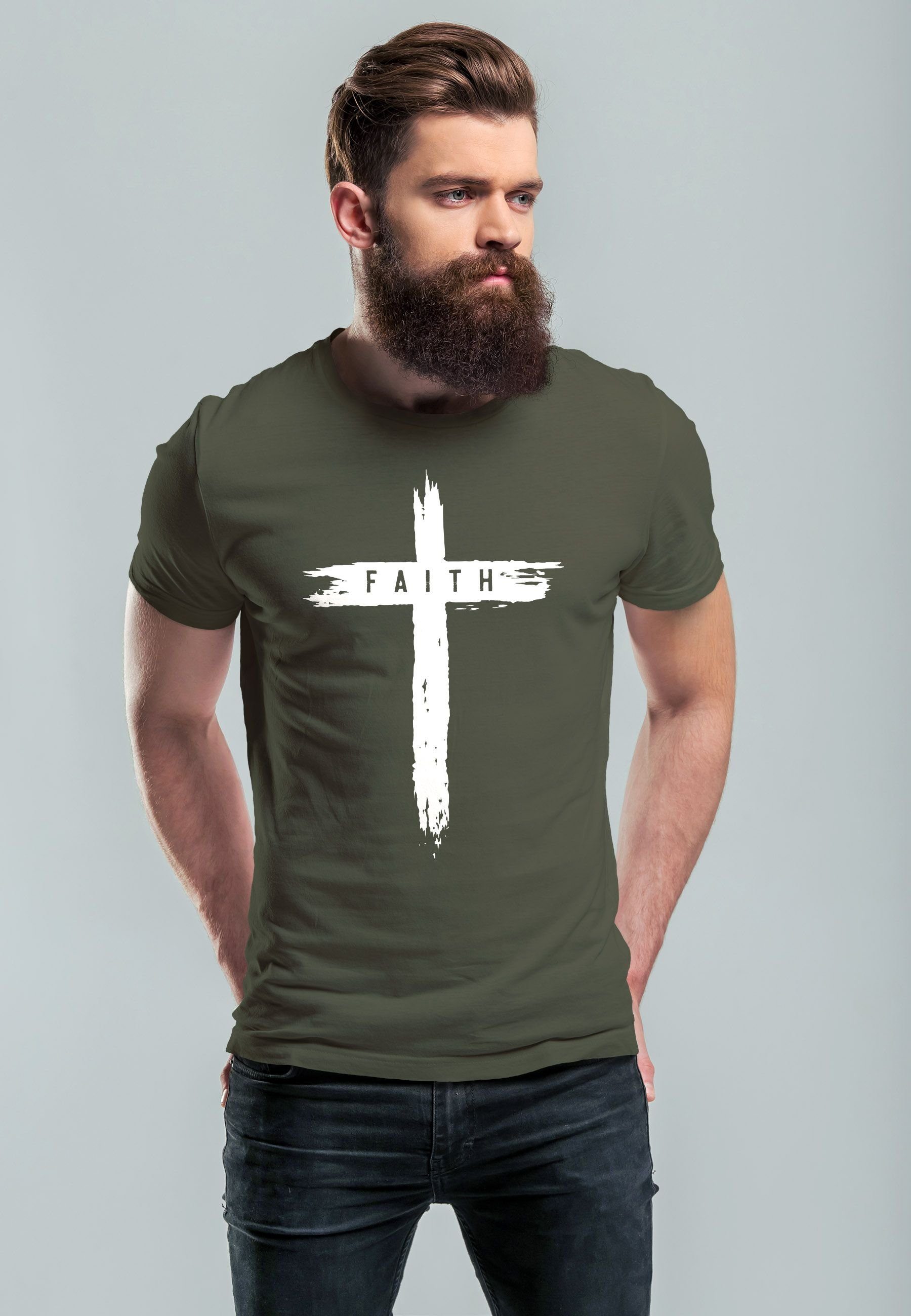 Faith Kreuz Neverless T-Shirt mit Cross Trend-Moti Print-Shirt Print Glaube Printshirt Herren Aufdruck army