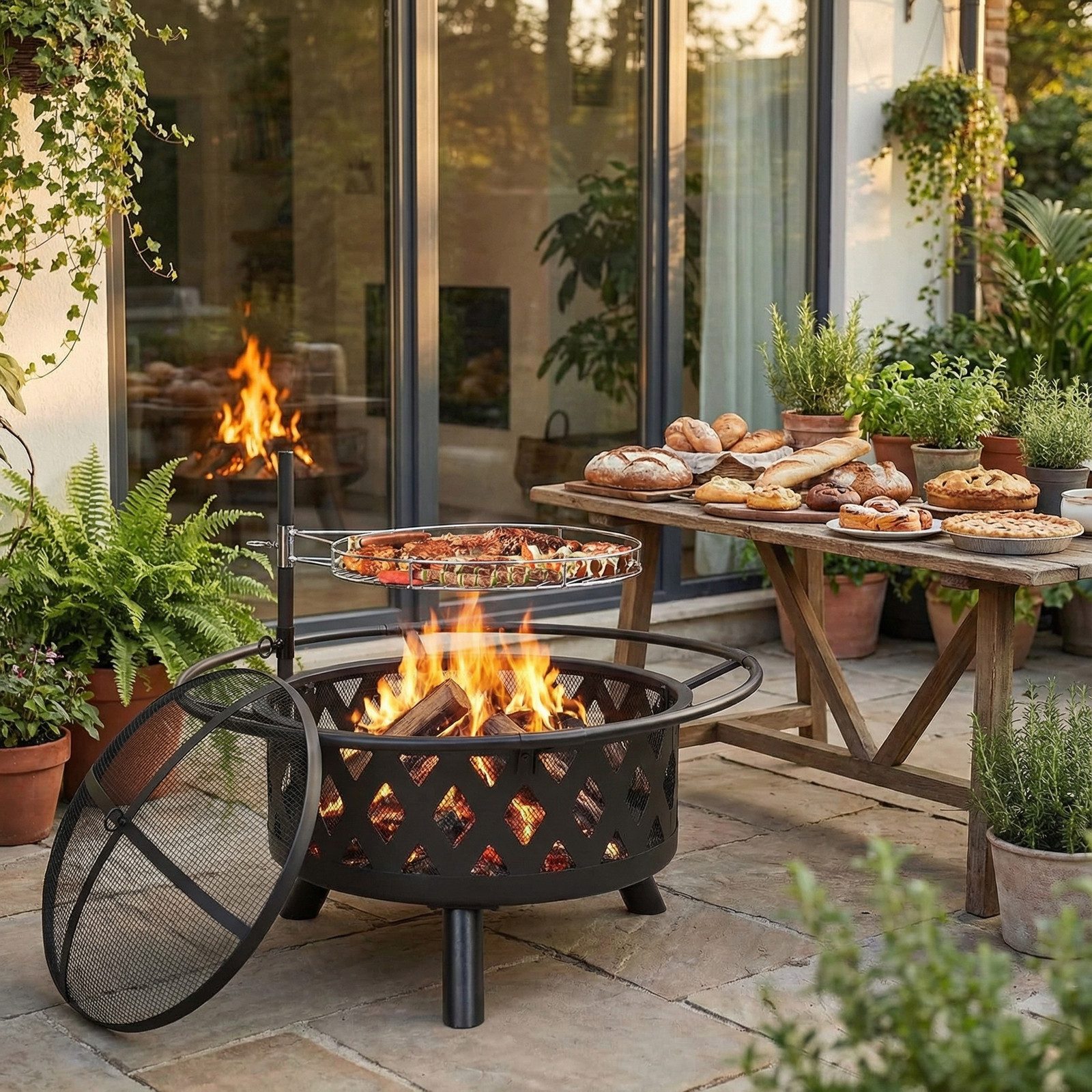 TLGREEN Feuerschale mit 360° Drehbarer Grill, (Garten Feuerkorb mit Funkenschutz, verstellbarem Grillrost & Zubehör), Ø 76 cm Feuerkorb, für 6-8 Personen – Outdoor Grillstelle