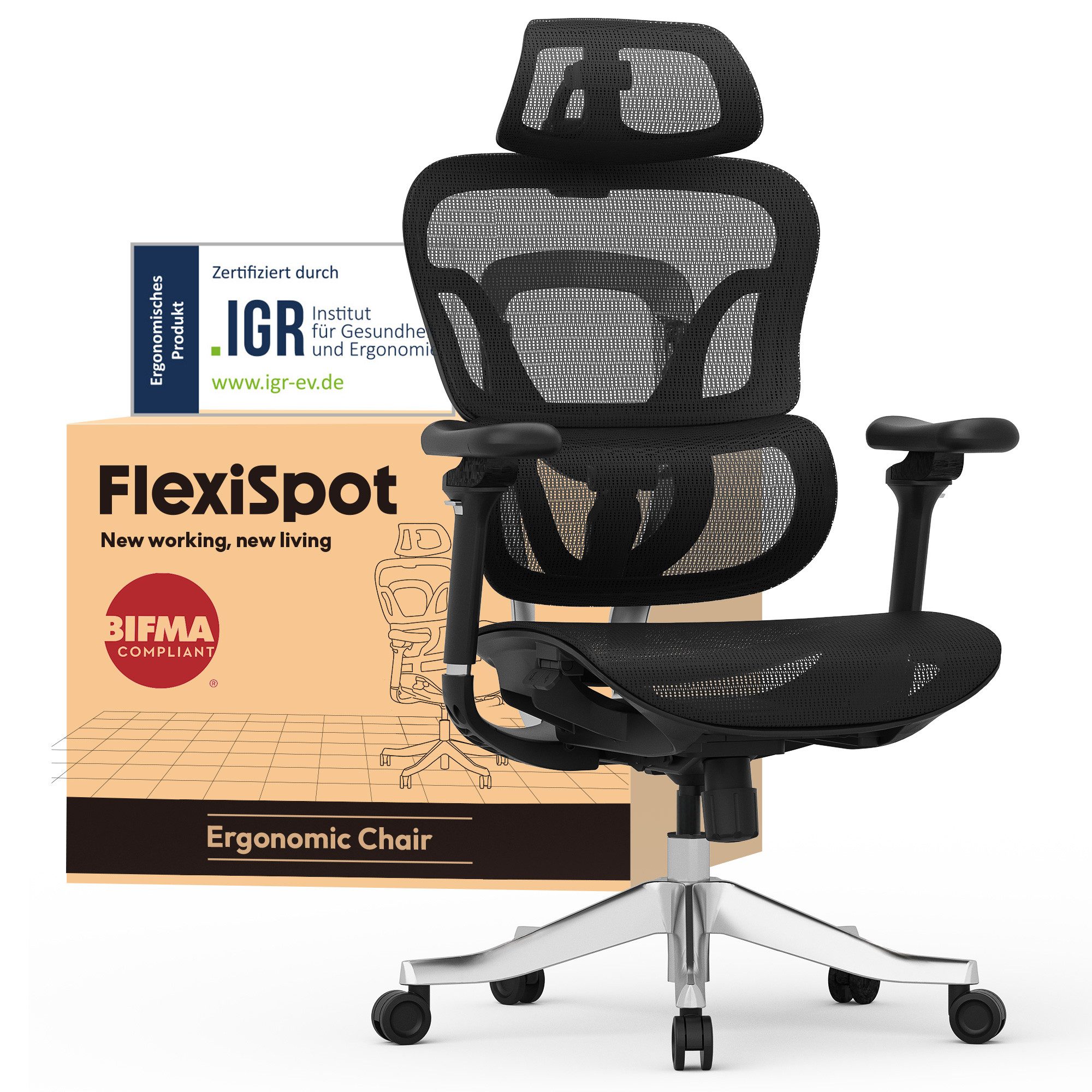 FLEXISPOT Bürostuhl ErgoX, Schreibtischstuhl Premium Ergonomischer (Rückenlehne verstellbar 90°-135°, mit 5D Armlehnen & 4D Kopfstütze, 5D-verstellbare Rückenlehne), für Büroarbeit, Home Office und Gaming, 300KG Tragkraft