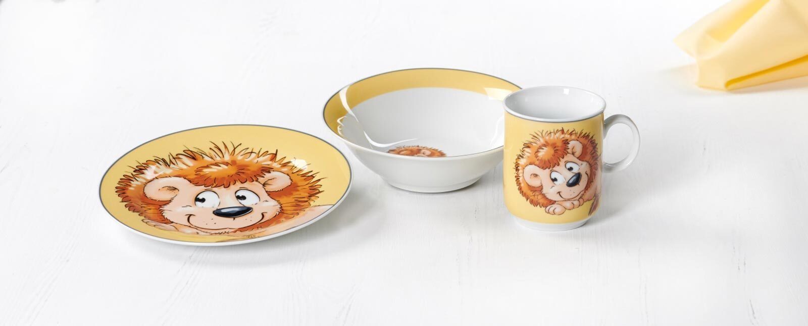 Ritzenhoff & Breker Kindergeschirr-Set Porzellan Löwe 4er Set Kindergeschirr (4-tlg), Zoo + Happy Tischmatte