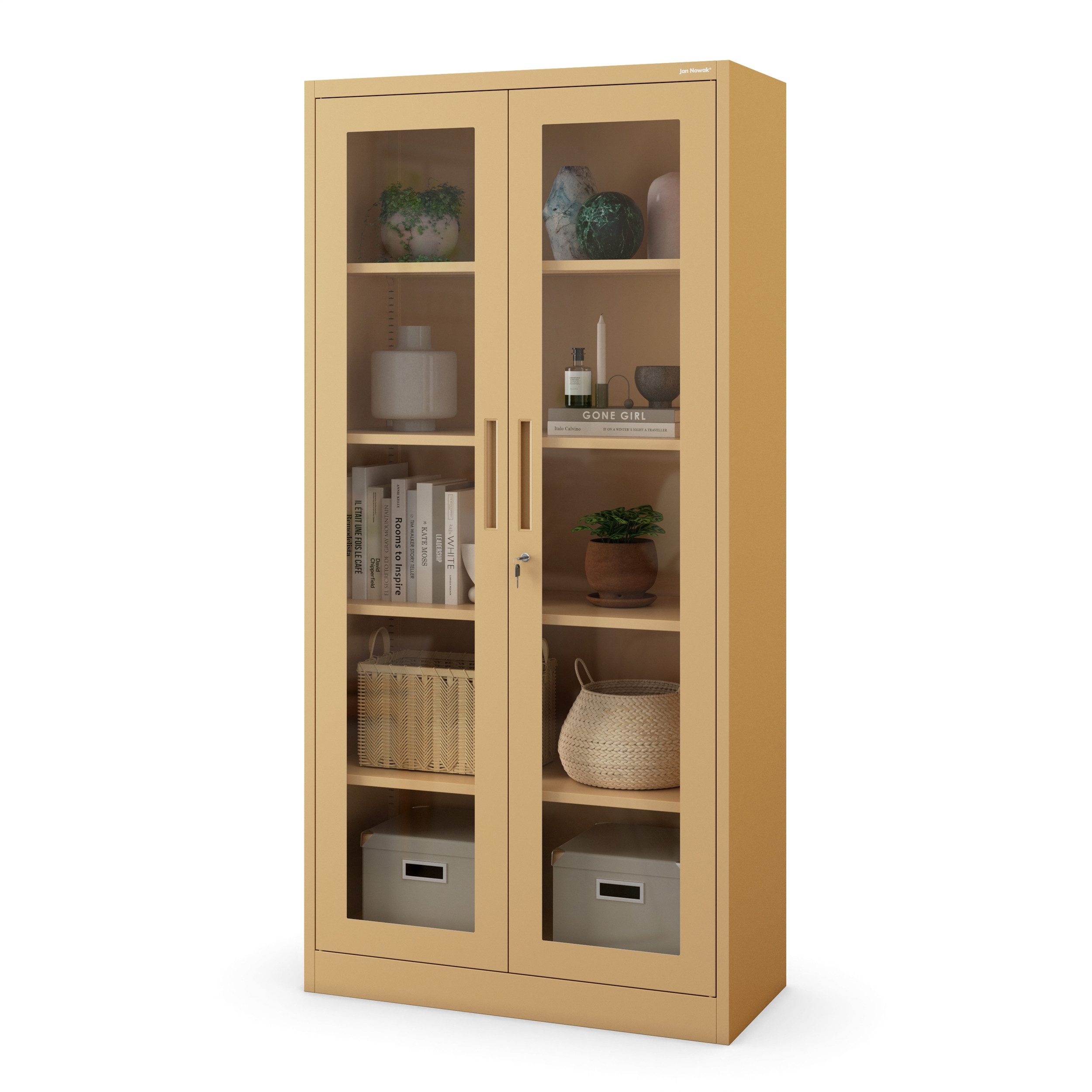 Jan Nowak Vitrine Metall Vitrinenschrank abschließbar 90 cm AMELIA Glasscheiben (Büroschrank Aktenschrank Büro Kanzlei Praxis Sozialraum, Stahl 0,6 mm 185 x 90 x 45 cm Wandmontage 50 Ordner robust) Schloss 2 Schlüssel 4 Böden langlebig 9 Farben