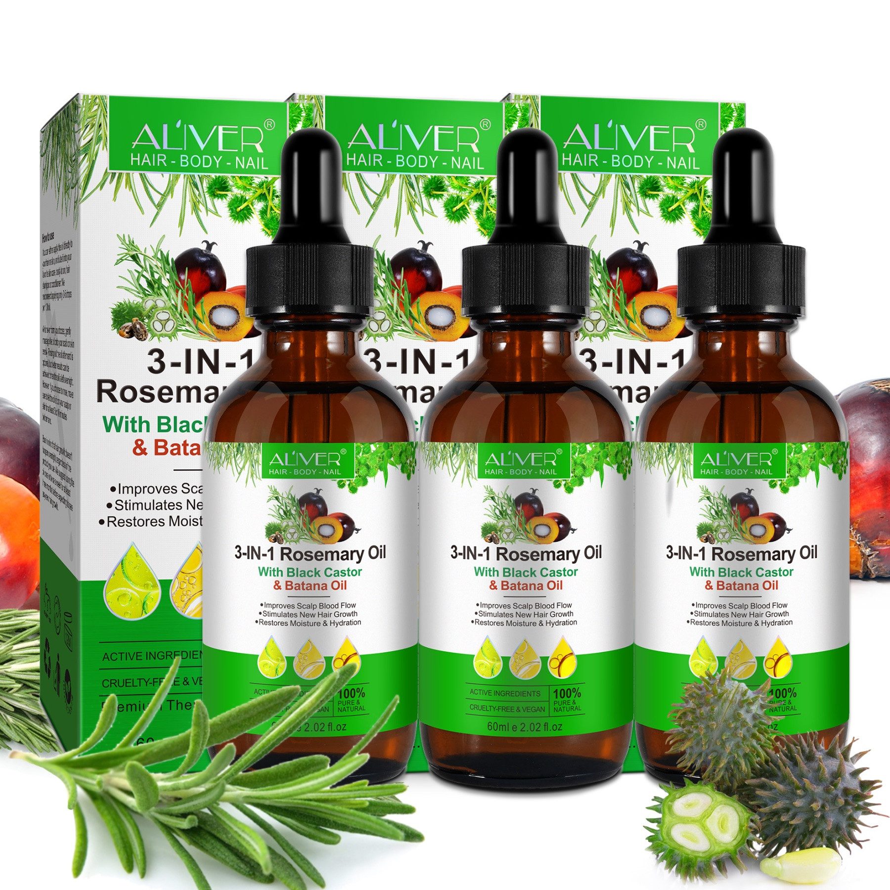 ALIVER Haaröl Rosmarinöl Ätherisches Öl Rizinusöl Batanaöl Haarpflege Massageöl, 3-tlg.