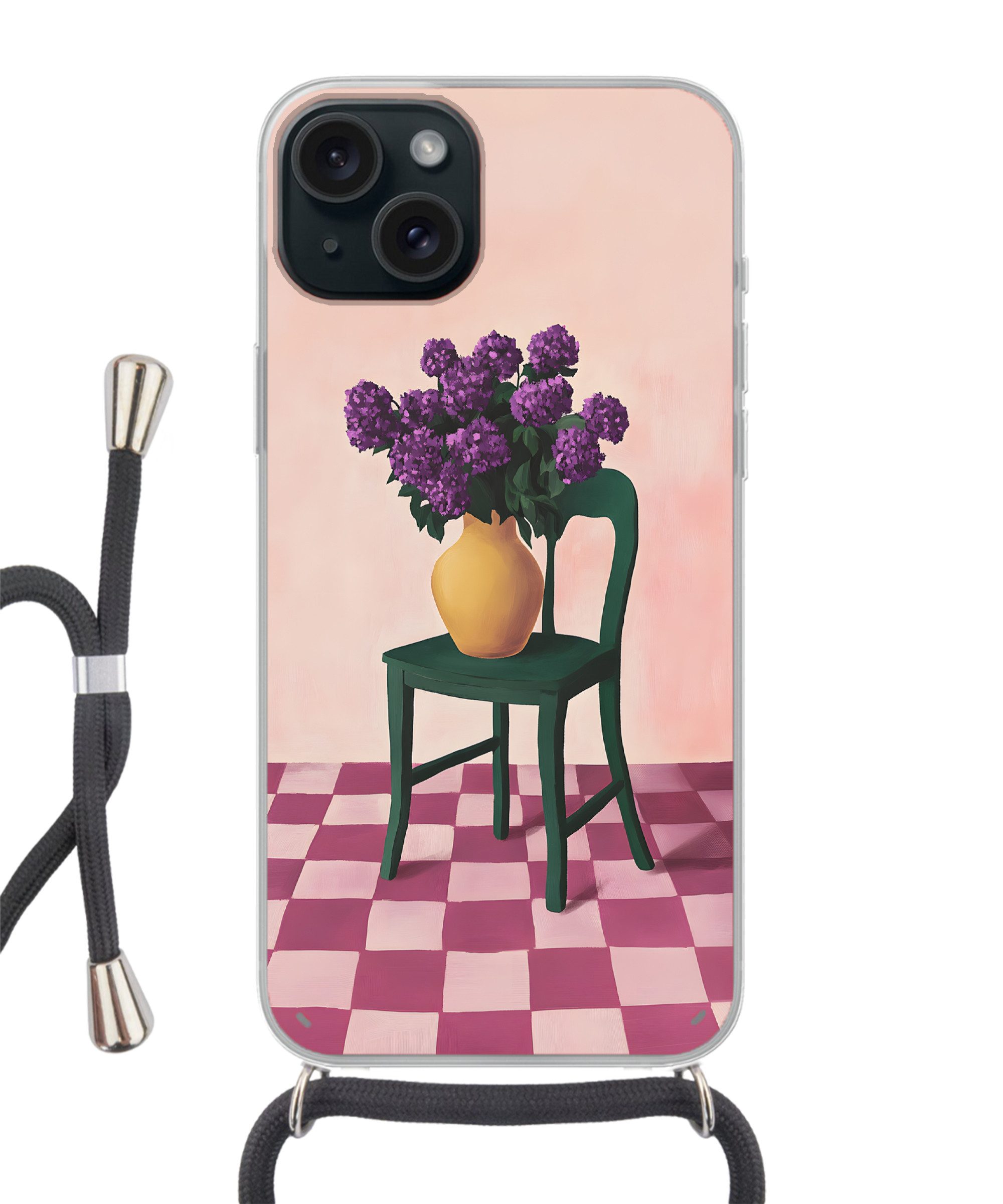 MuchoWow Handyhülle für Apple iPhone 15 Plus Stuhl - Vase - Blumen - Blockiert, Tragbare Handyhüllen mit Kette zum umhängen, Handykette Handyband
